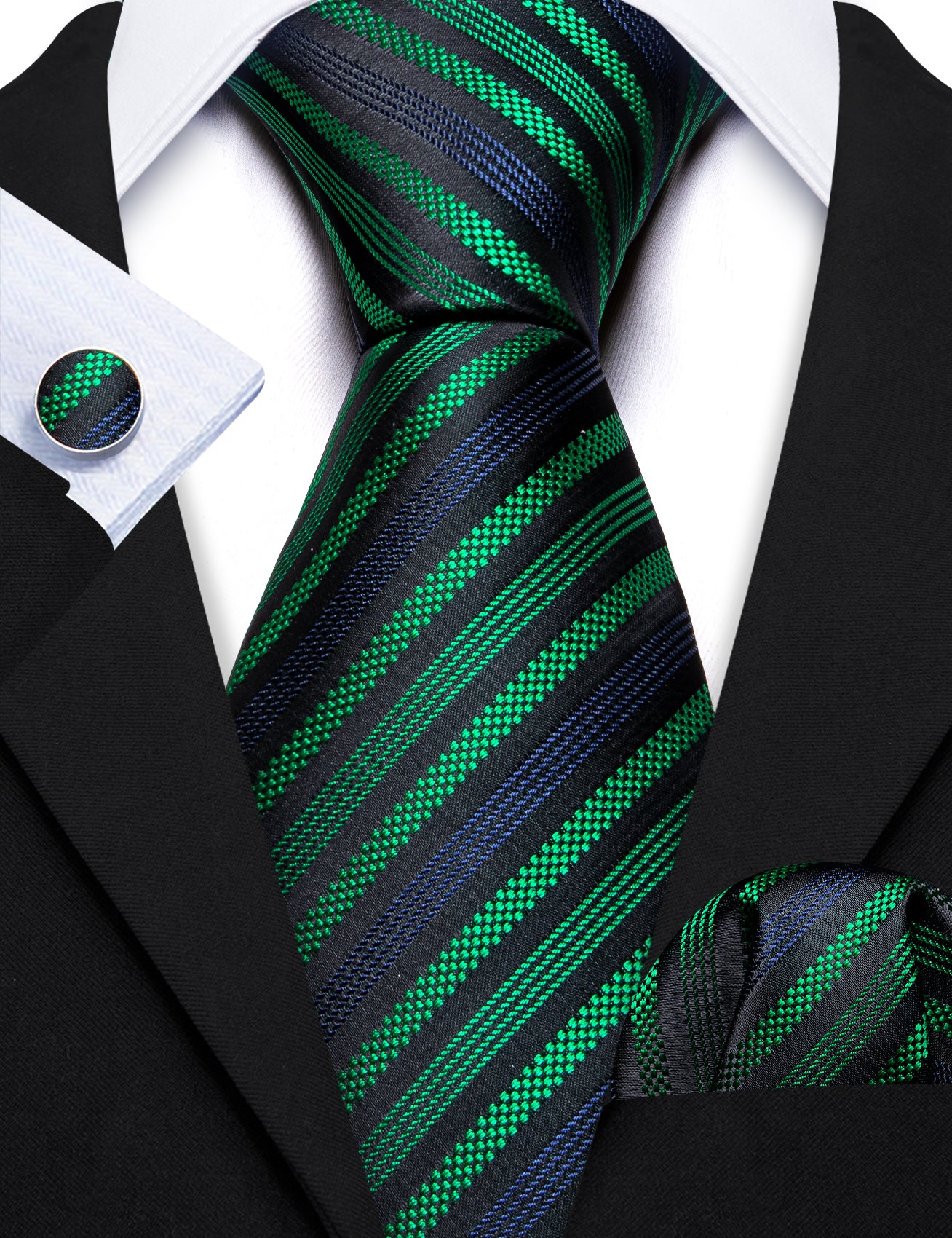  Black Tie Jacquard GreenBlue Stripes Tie Hanky Cufflink Set