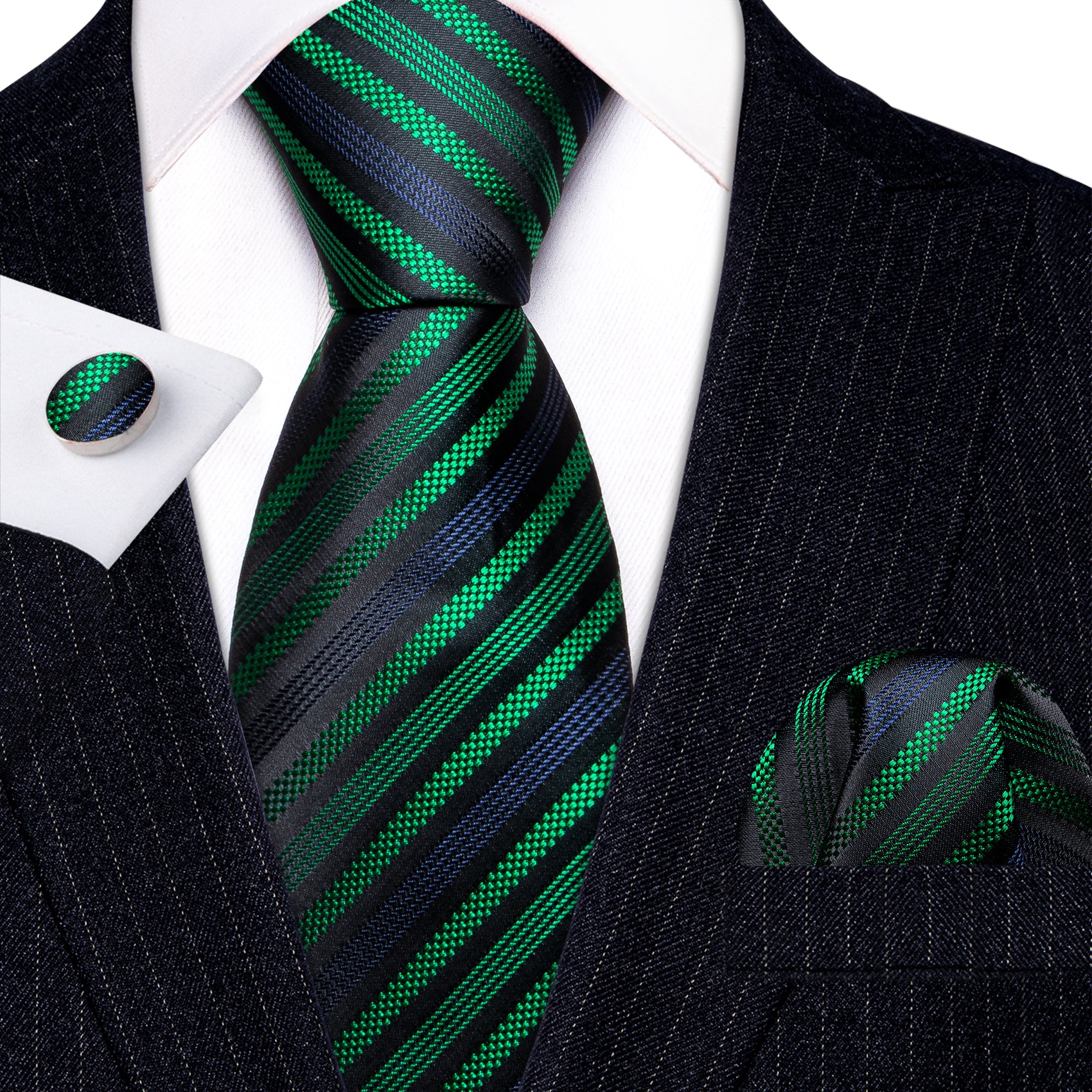  Black Tie Jacquard GreenBlue Stripes Tie Hanky Cufflink Set