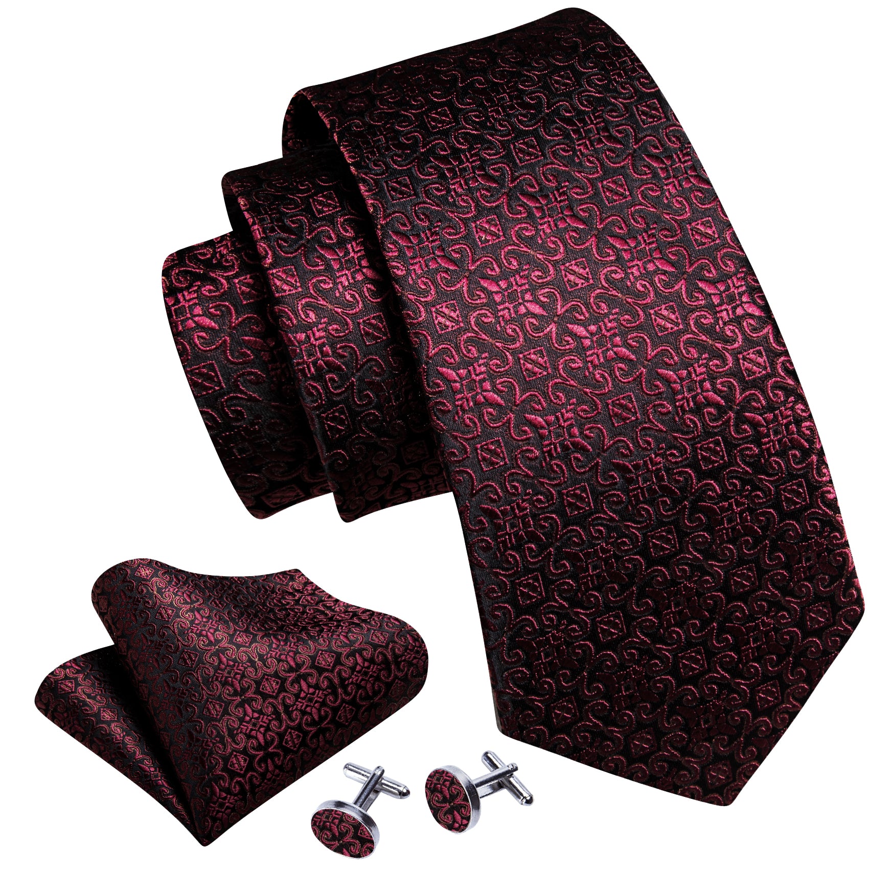 Burgundy Red Floral Tie Handkerchief Cufflinks Set