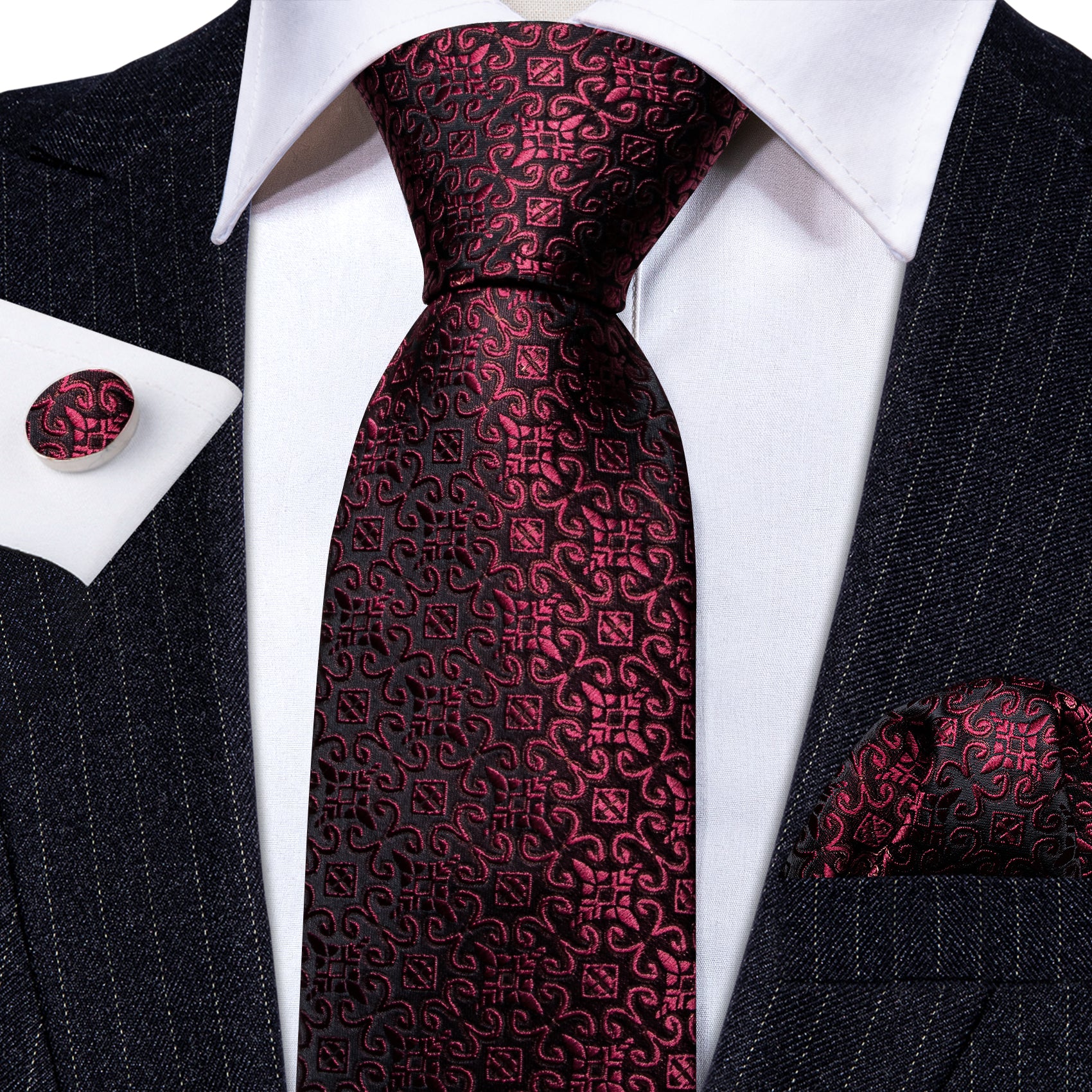 Burgundy Red Floral Tie Handkerchief Cufflinks Set