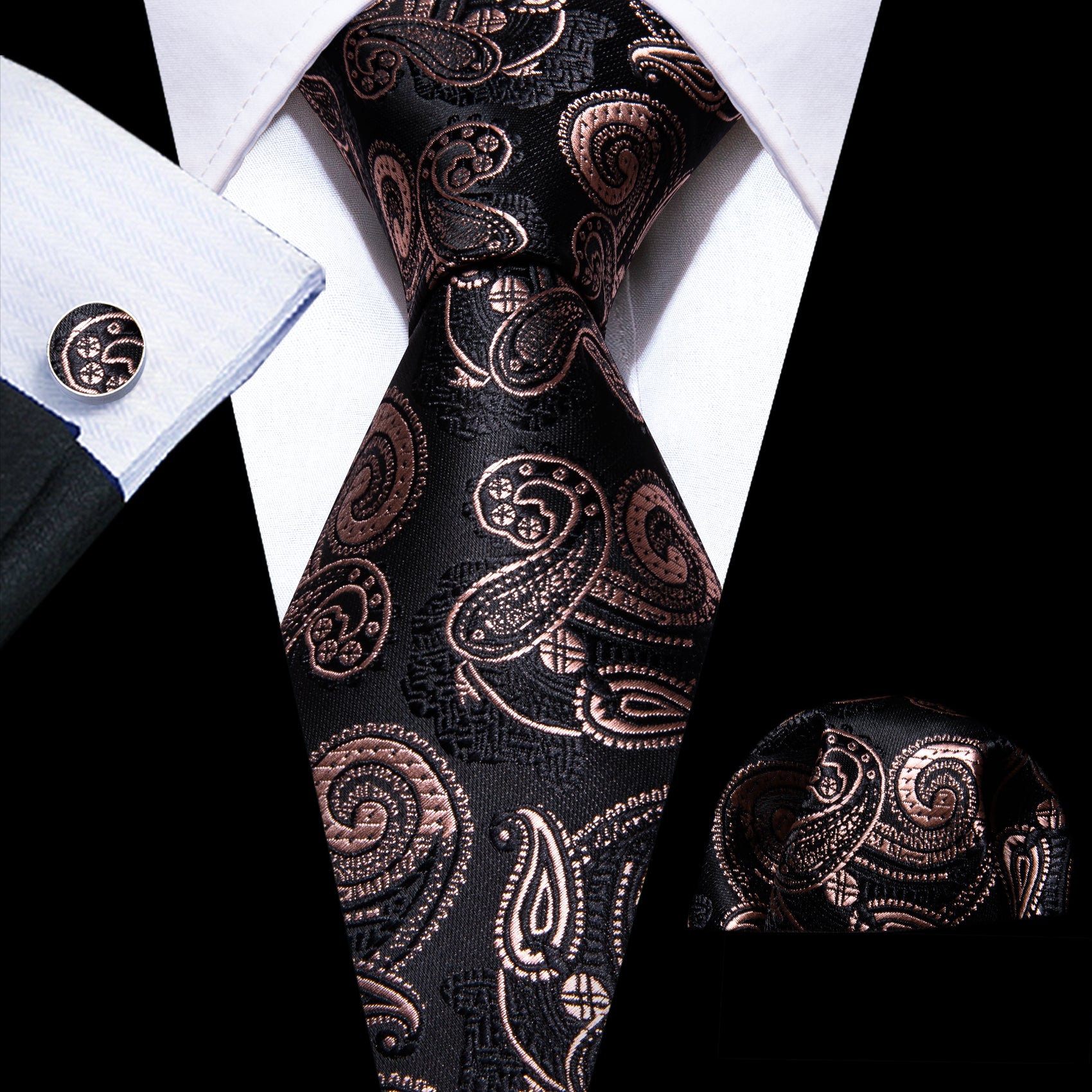 Black Brown Paisley Tie Handkerchief Cufflinks Set