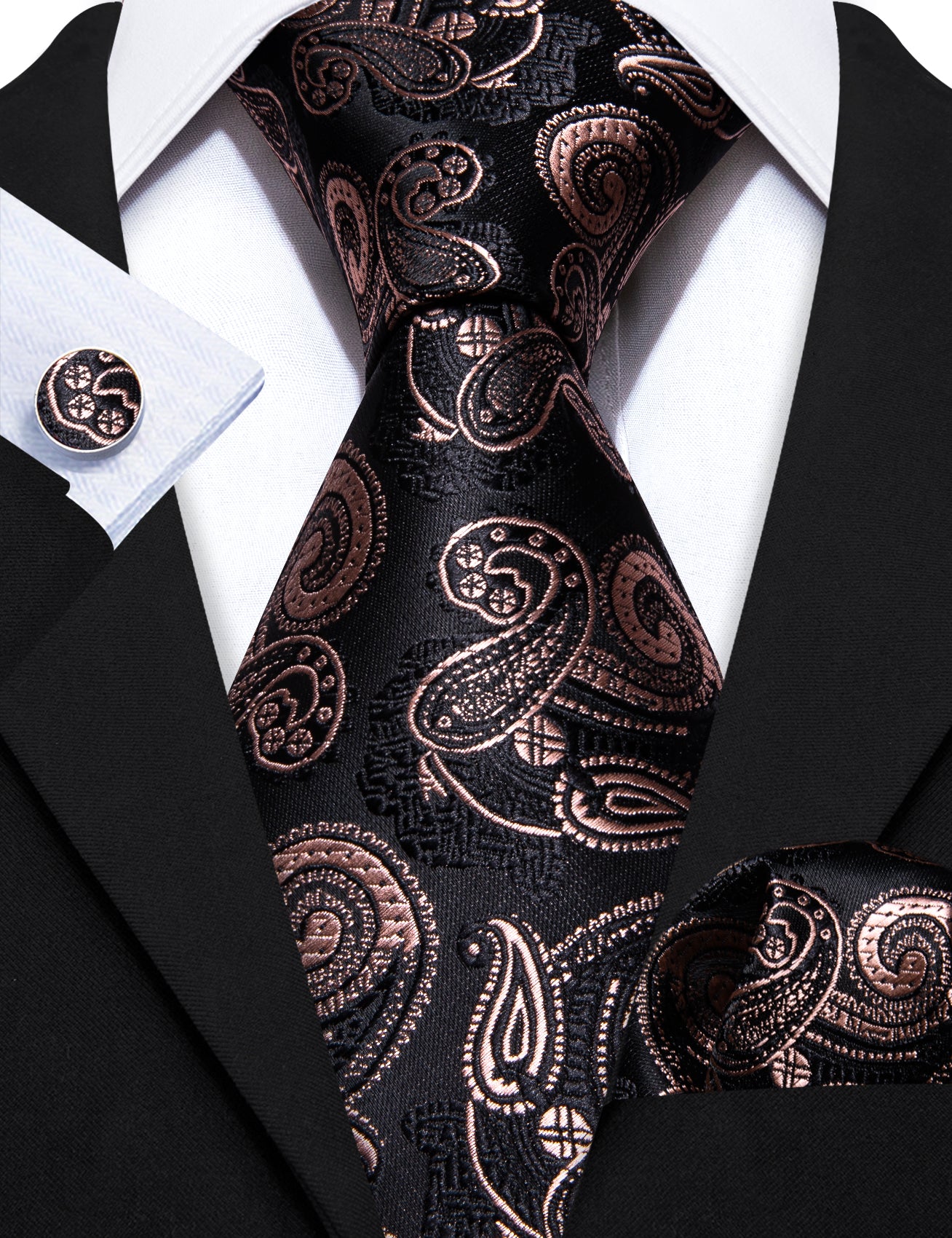 Black Brown Paisley Tie Handkerchief Cufflinks Set
