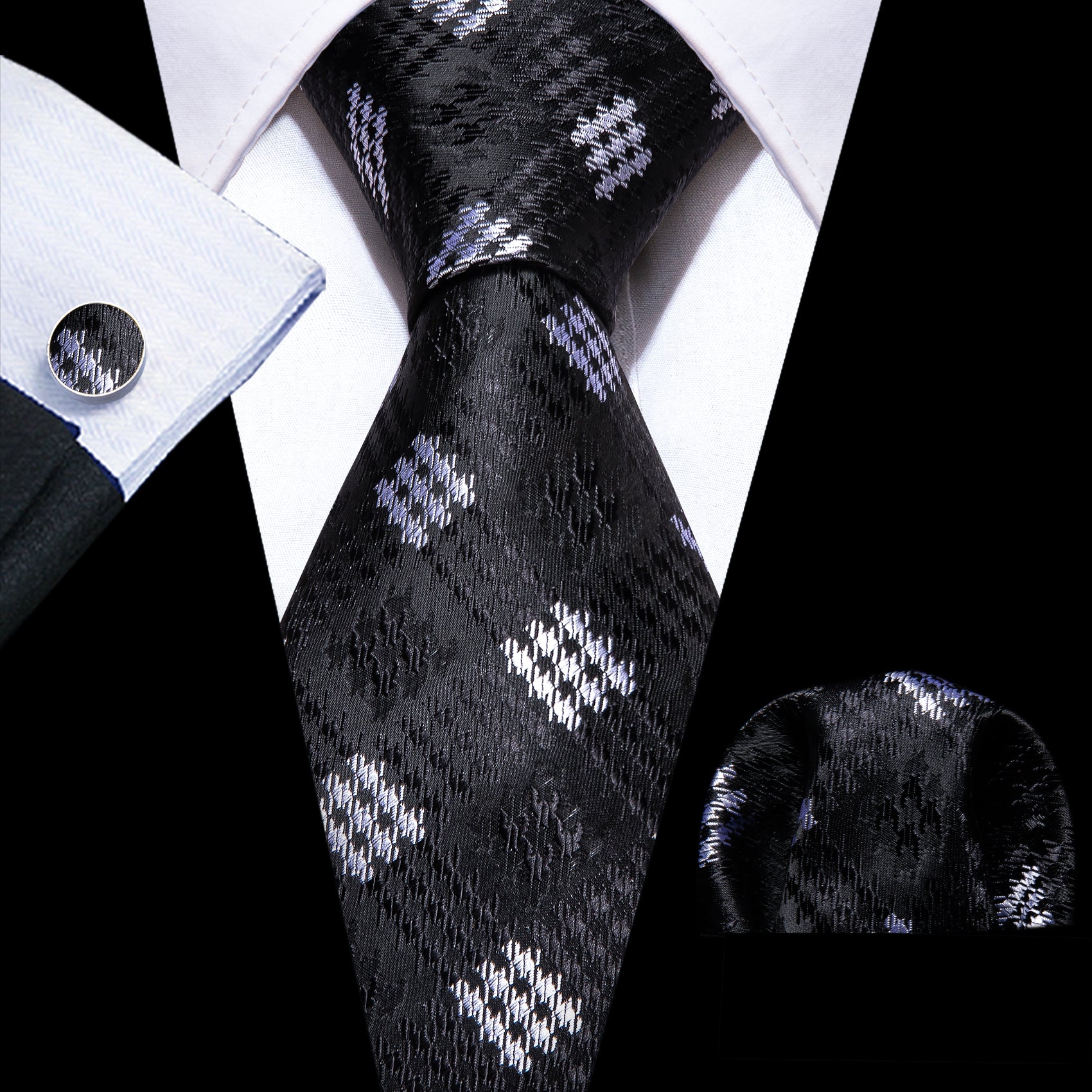 Black White Plaid Silk Tie Handkerchief Cufflinks Set