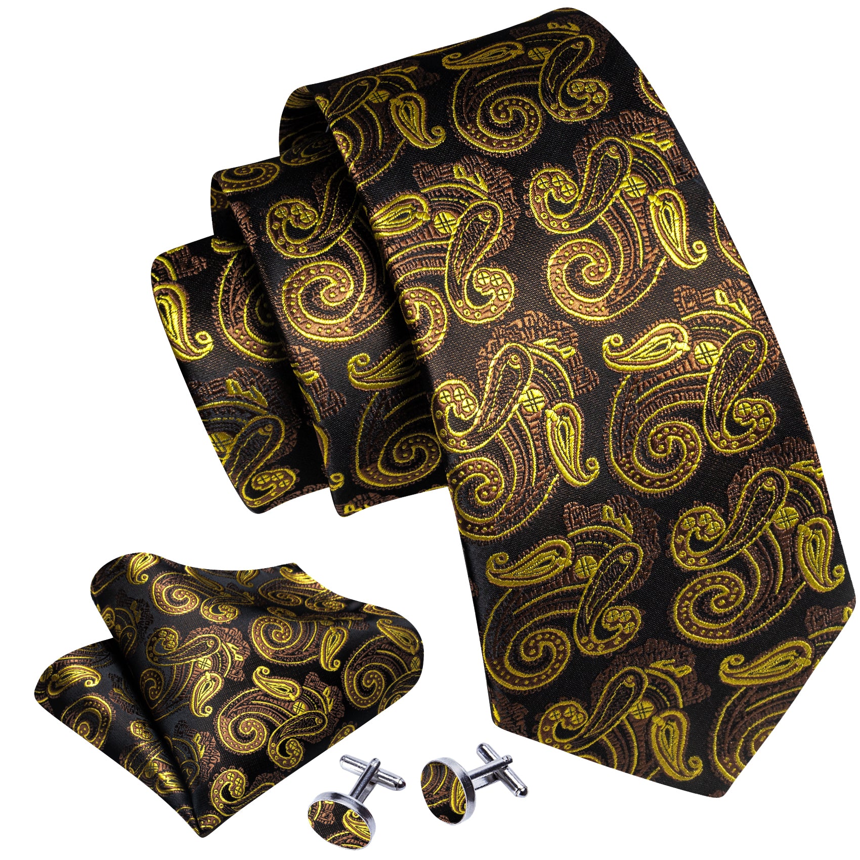 Gold Brown Paisley Tie Handkerchief Cufflinks Set