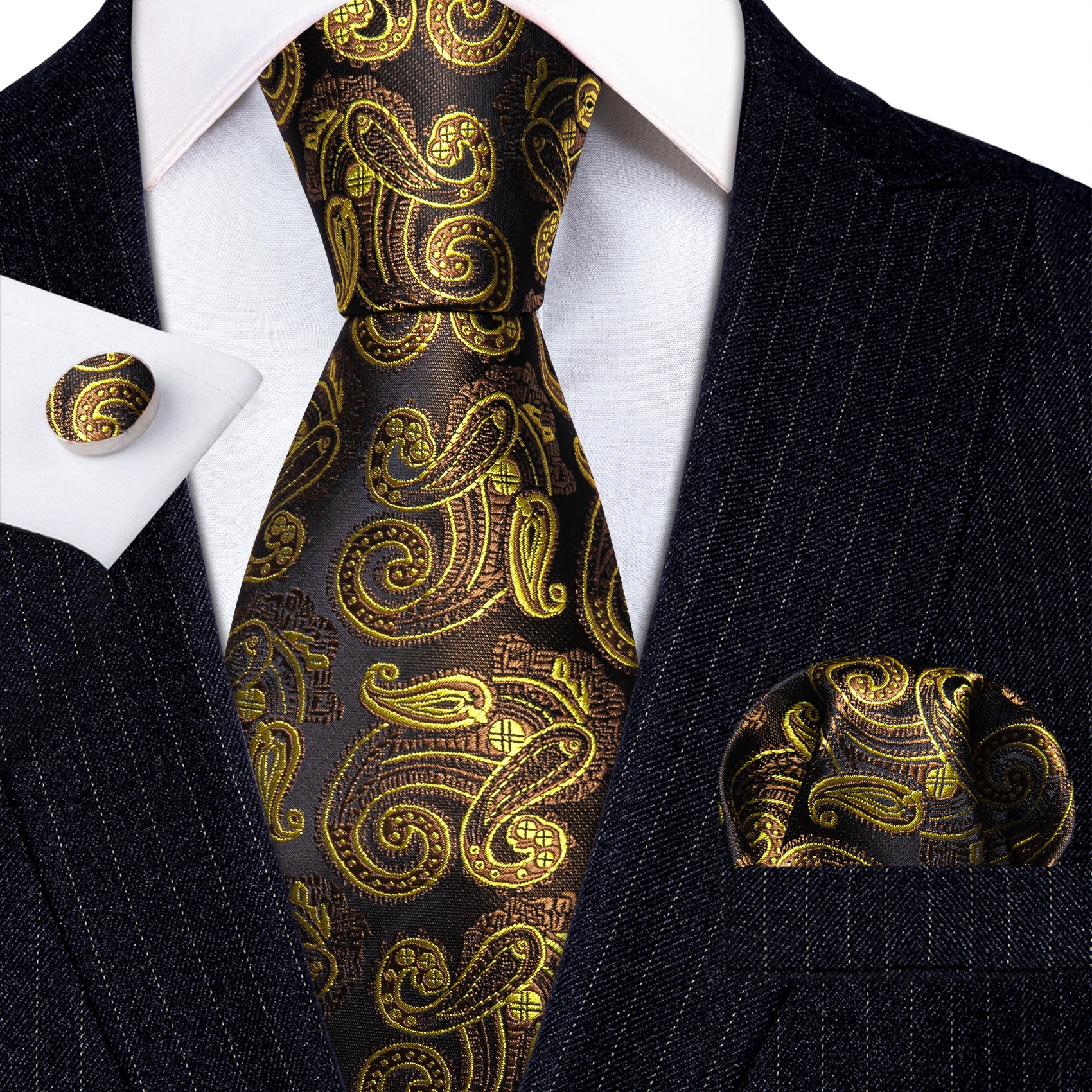 Gold Brown Paisley Tie Handkerchief Cufflinks Set
