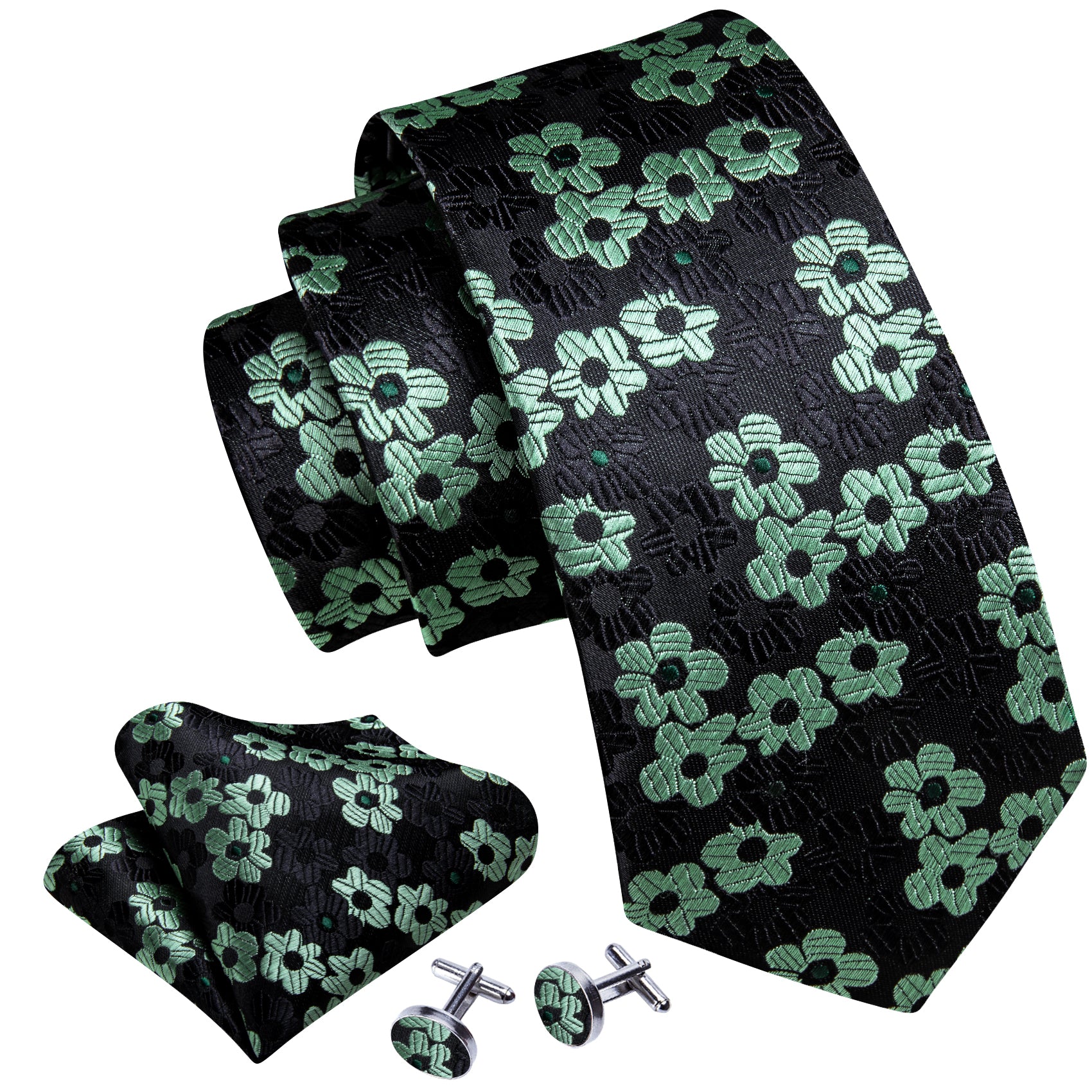 Bright Black Blue Flowers Silk Tie Handkerchief Cufflinks Set