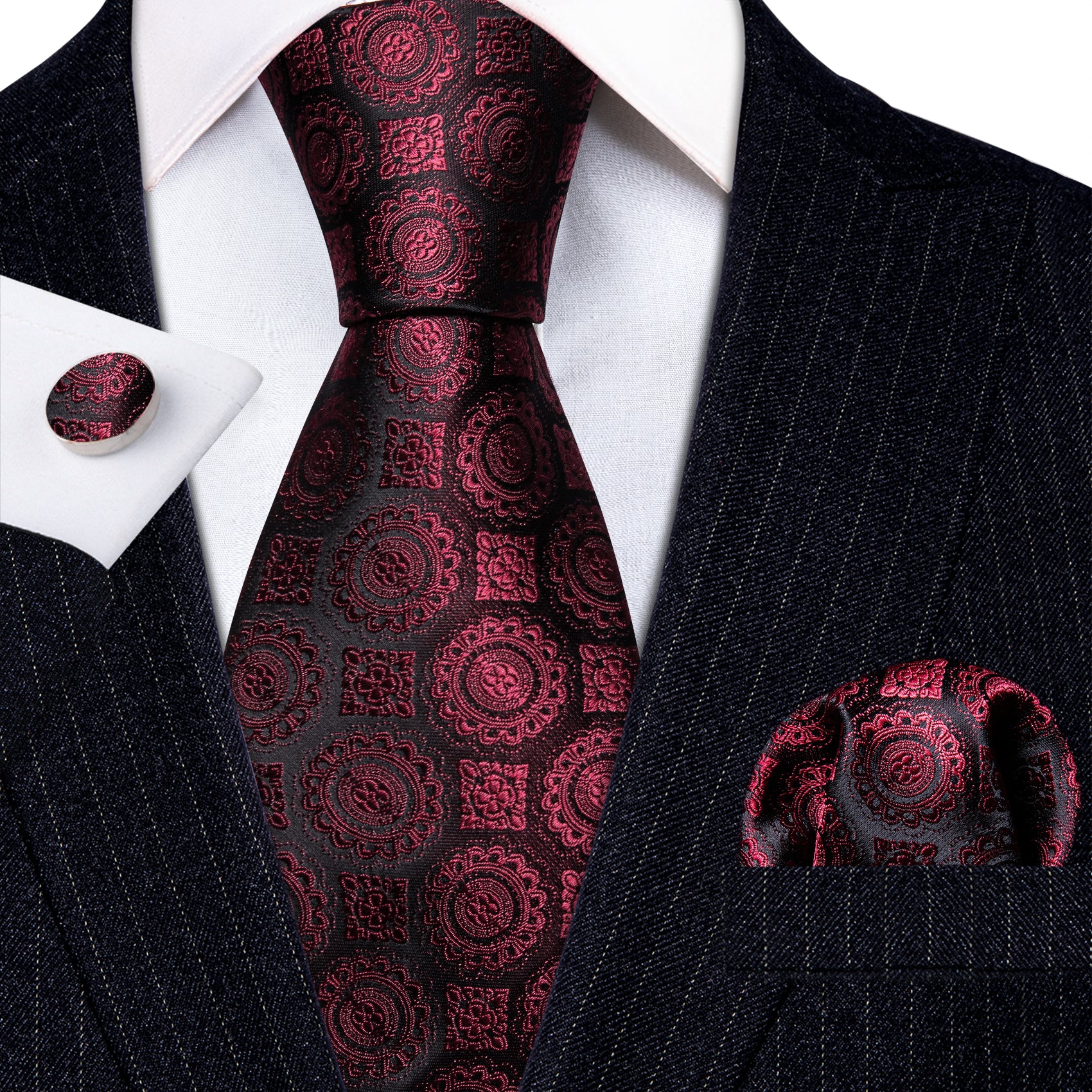 Novetly Red Flora Silk Tie Handkerchief Cufflinks Set
