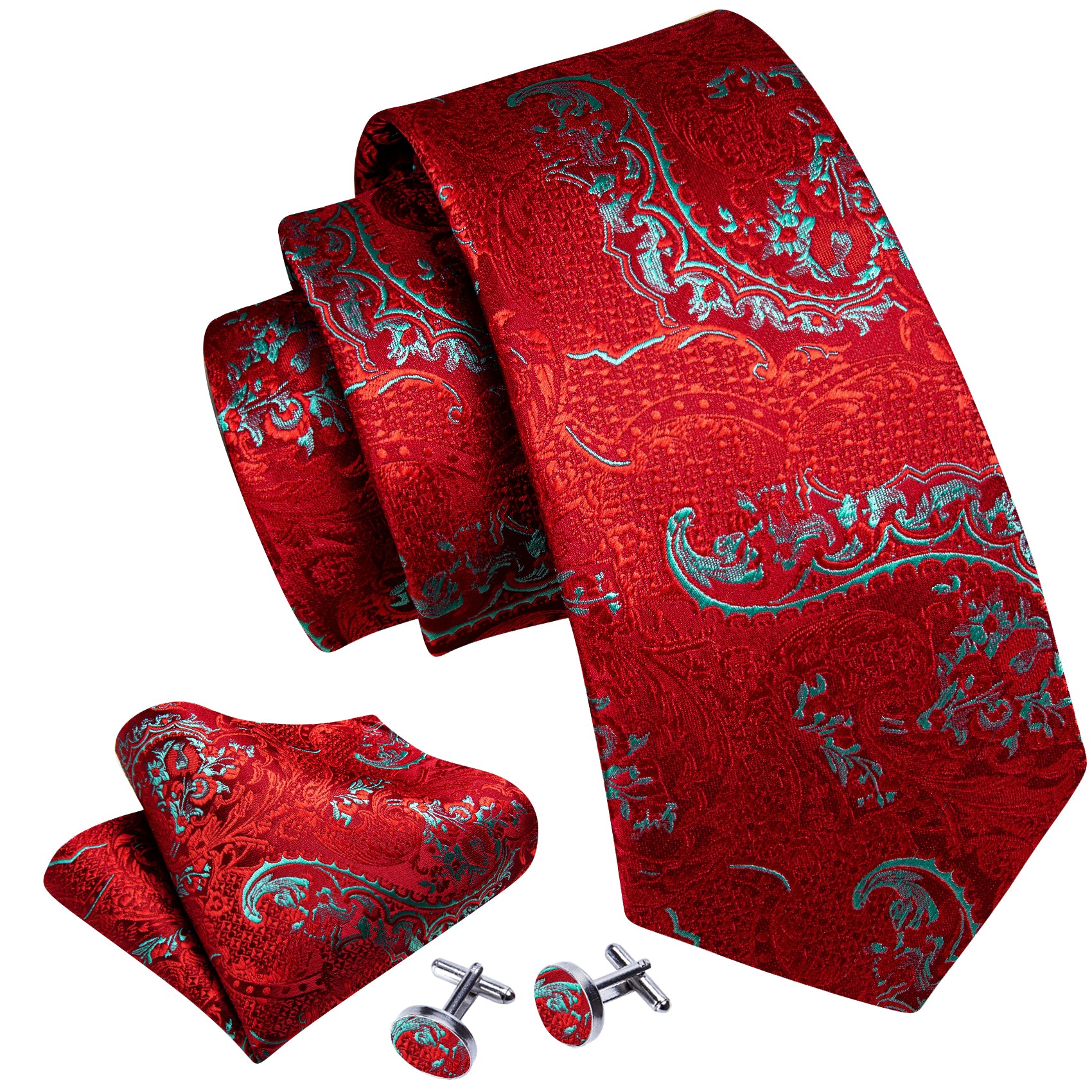 Red Blue Paisley Silk Tie Handkerchief Cufflinks Set