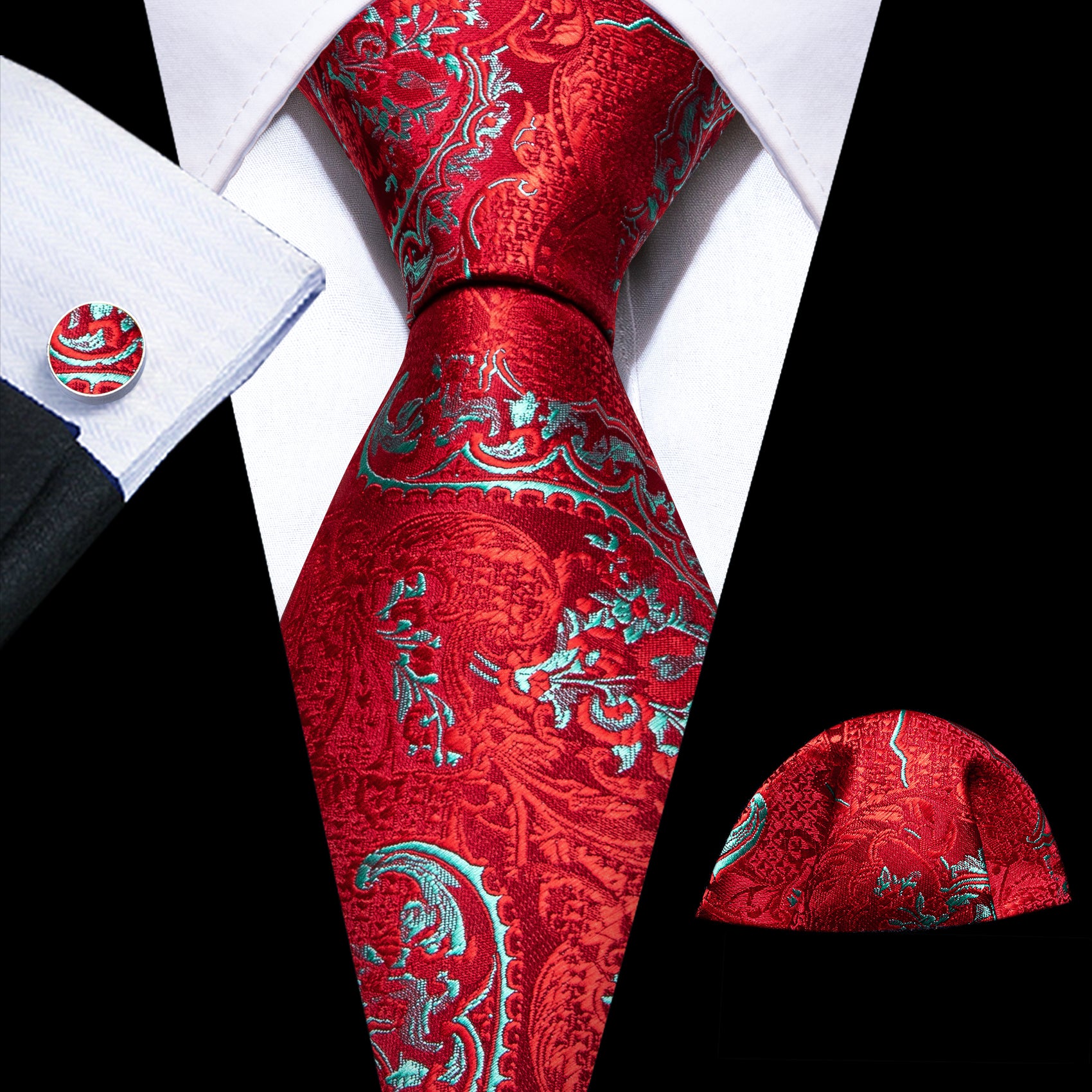 Red Blue Paisley Silk Tie Handkerchief Cufflinks Set