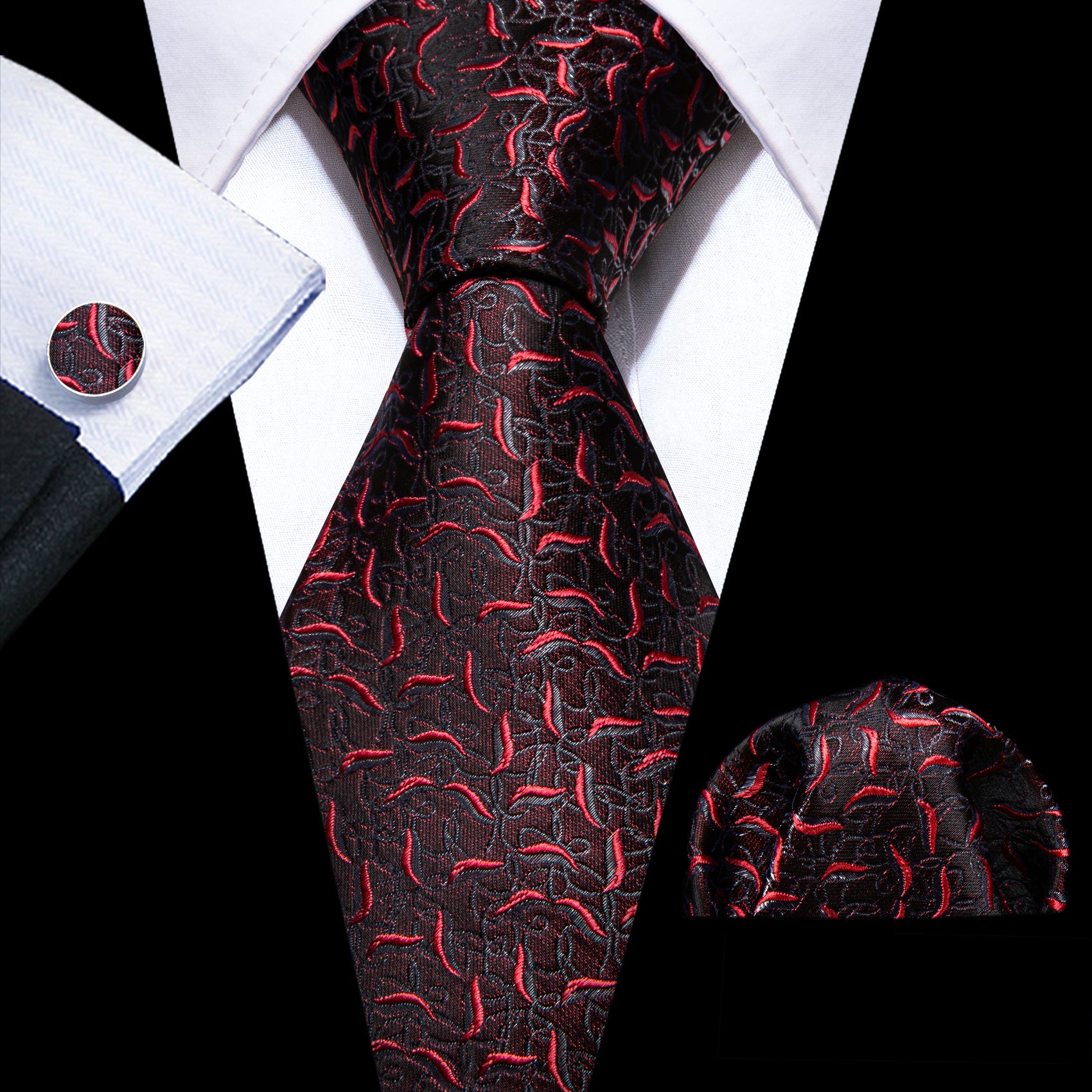 Black Red Floral Silk Tie Handkerchief Cufflinks Set