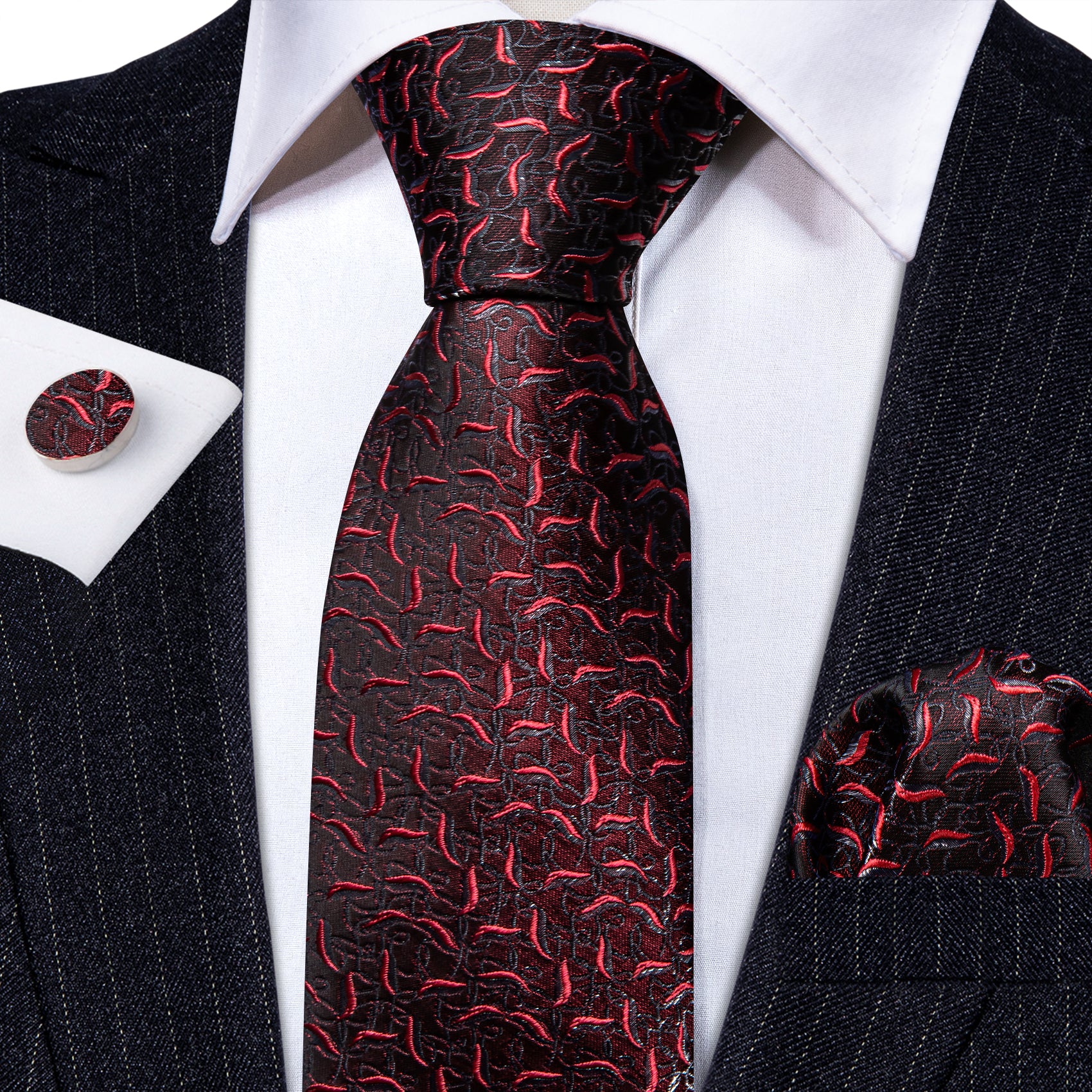 Black Red Floral Silk Tie Handkerchief Cufflinks Set