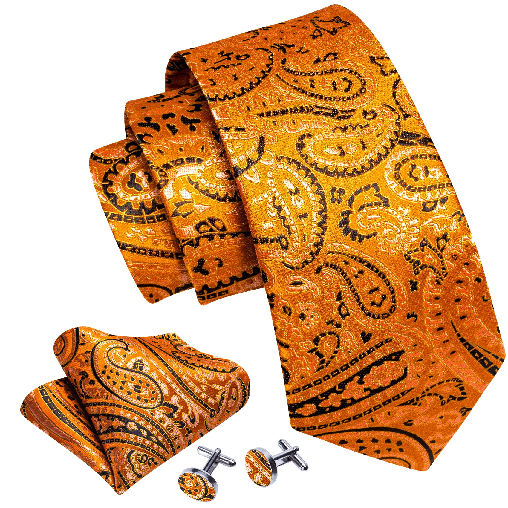 Fashion Gold Orange Paisley Silk Tie Handkerchief Cufflinks Set