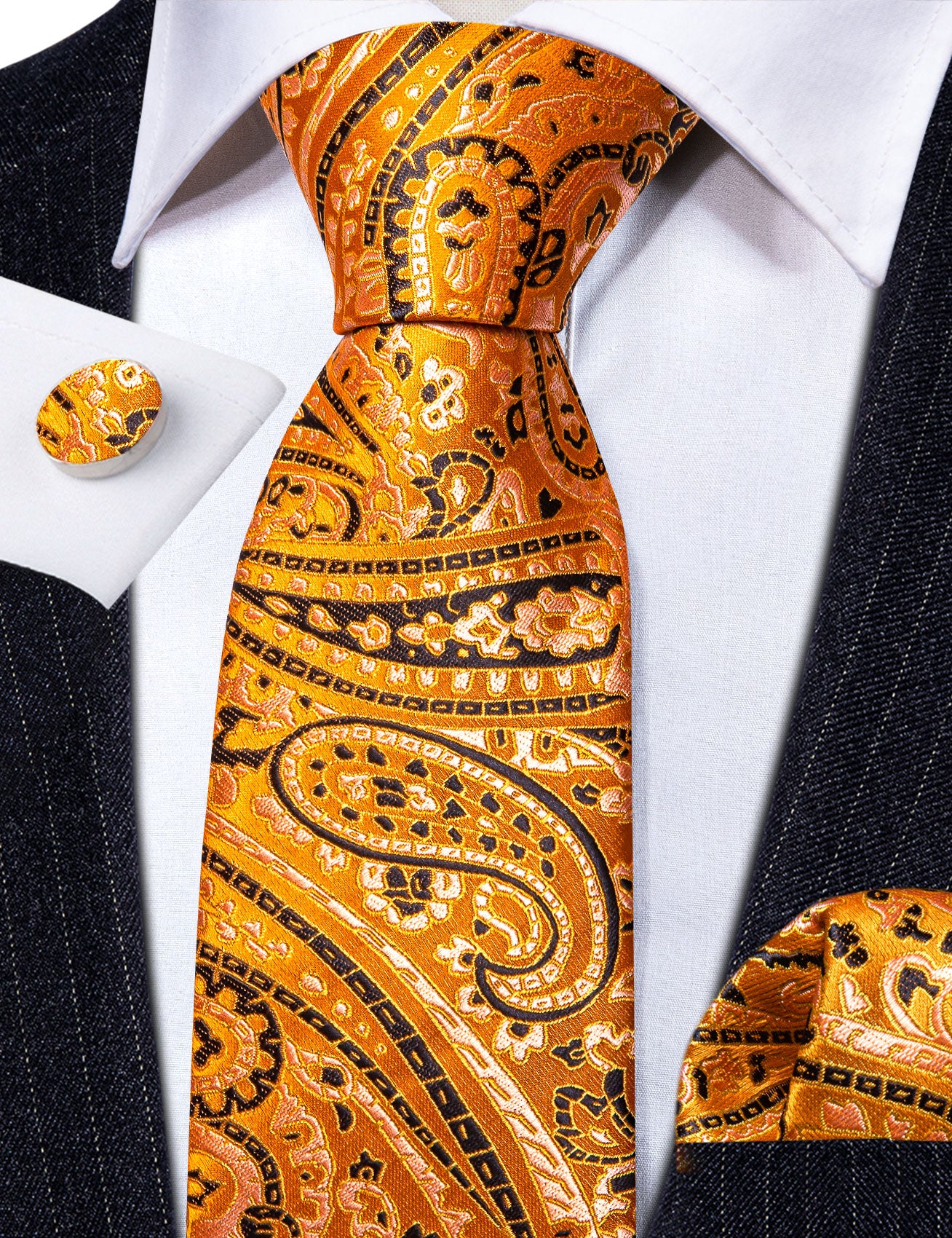 Fashion Gold Orange Paisley Silk Tie Handkerchief Cufflinks Set