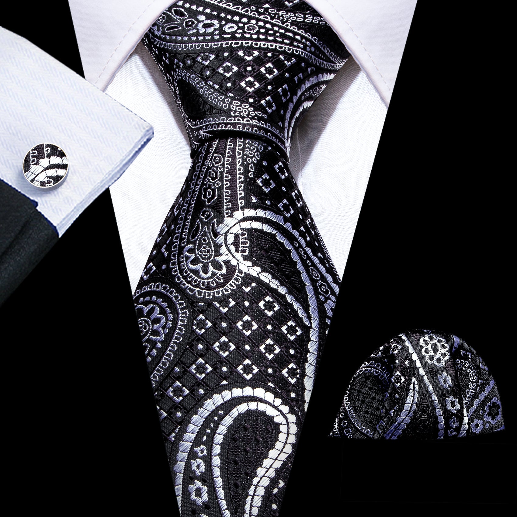 Black Silver Paisley Silk Tie Pocket Square Cufflinks Set