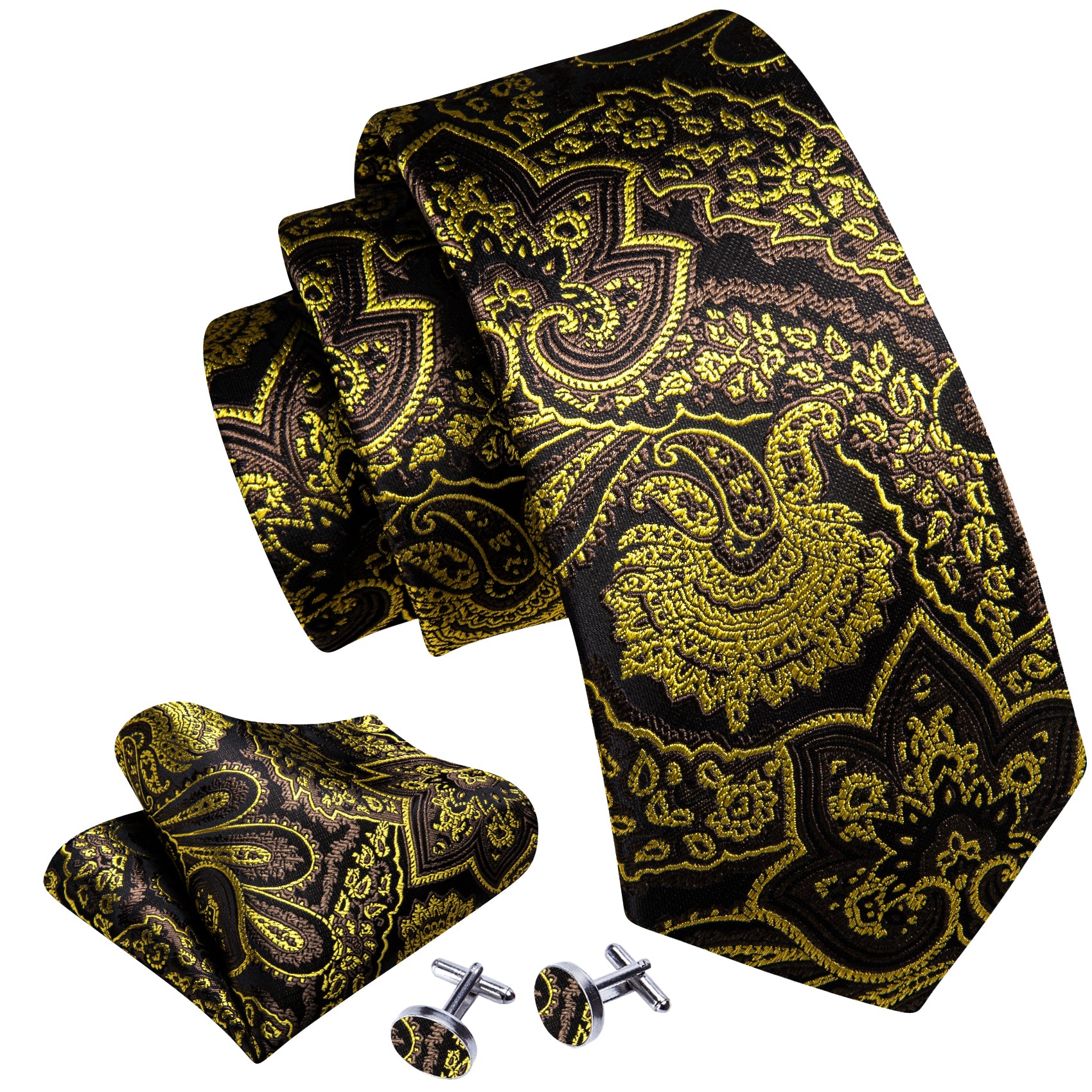 Brown Green Paisley Silk Tie Handkerchief Cufflinks Set