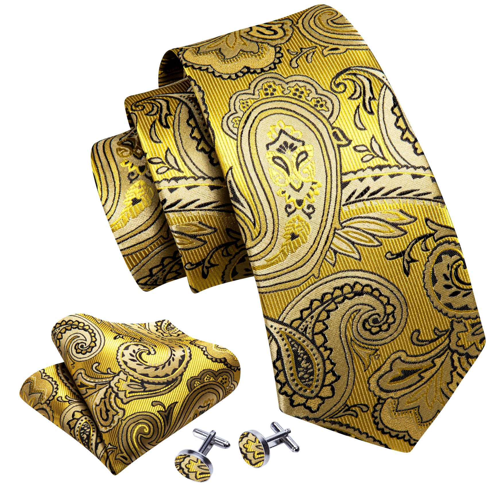 Yellow Black Paisley Silk Tie Pocket Square Cufflinks Set