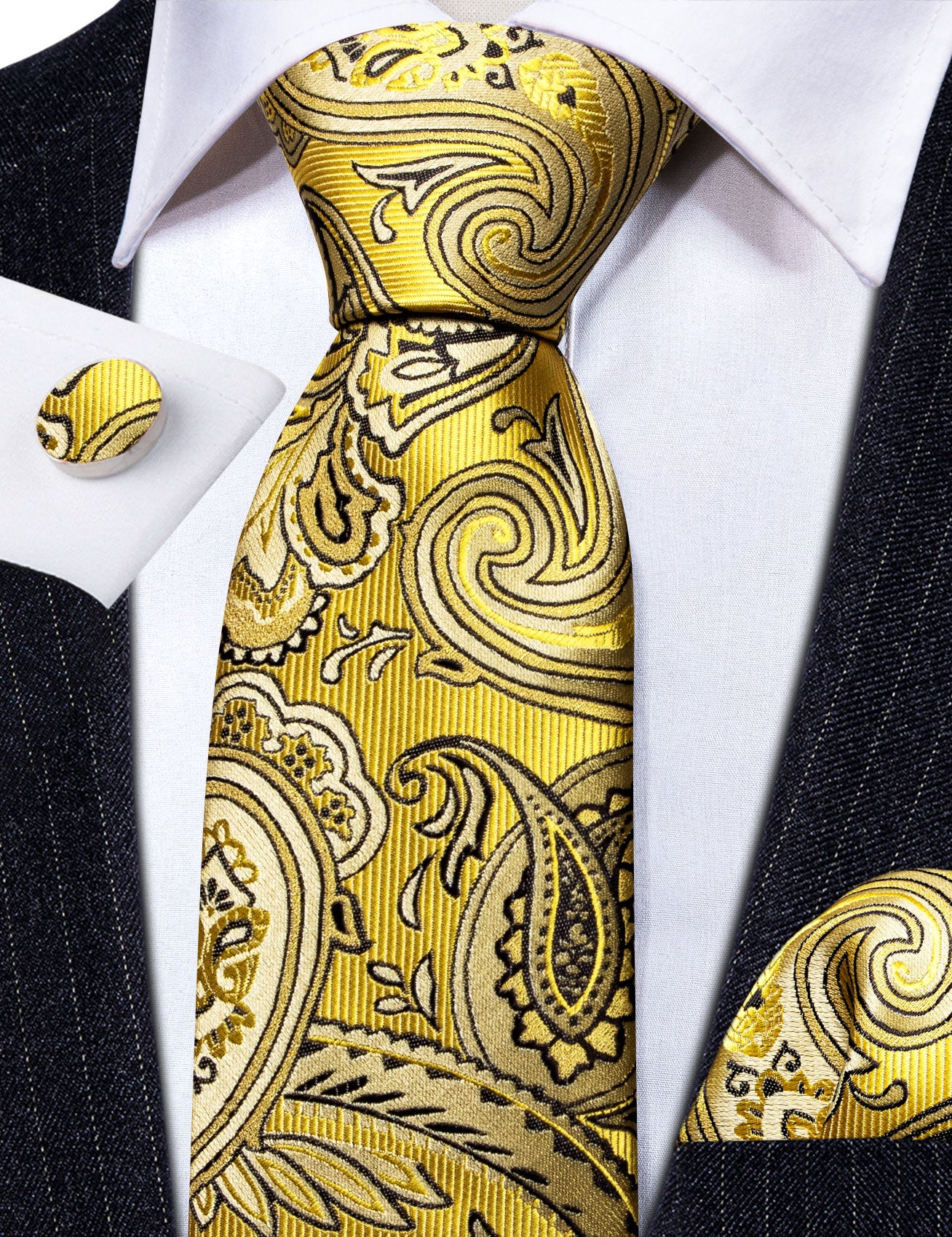 Neck Tie Yellow Black Silk Tie Pocket Square Cufflinks Set