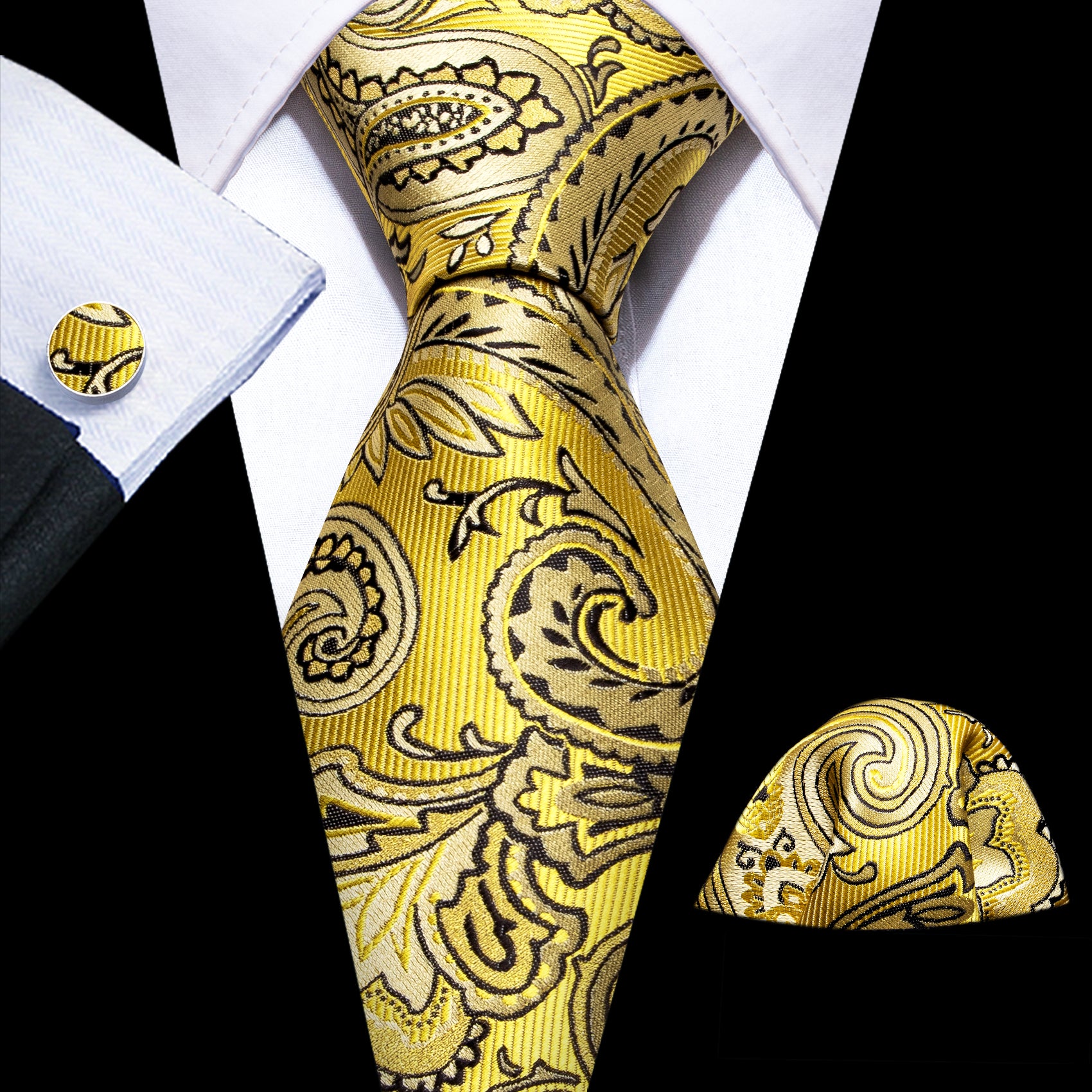 Yellow Black Paisley Silk Tie Pocket Square Cufflinks Set