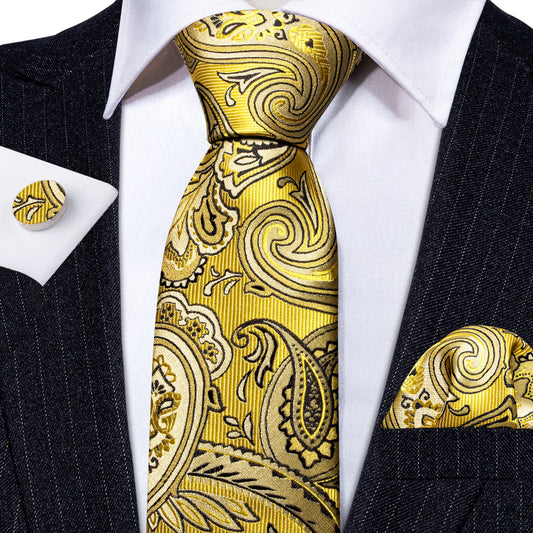 Neck Tie Yellow Black Silk Tie Pocket Square Cufflinks Set