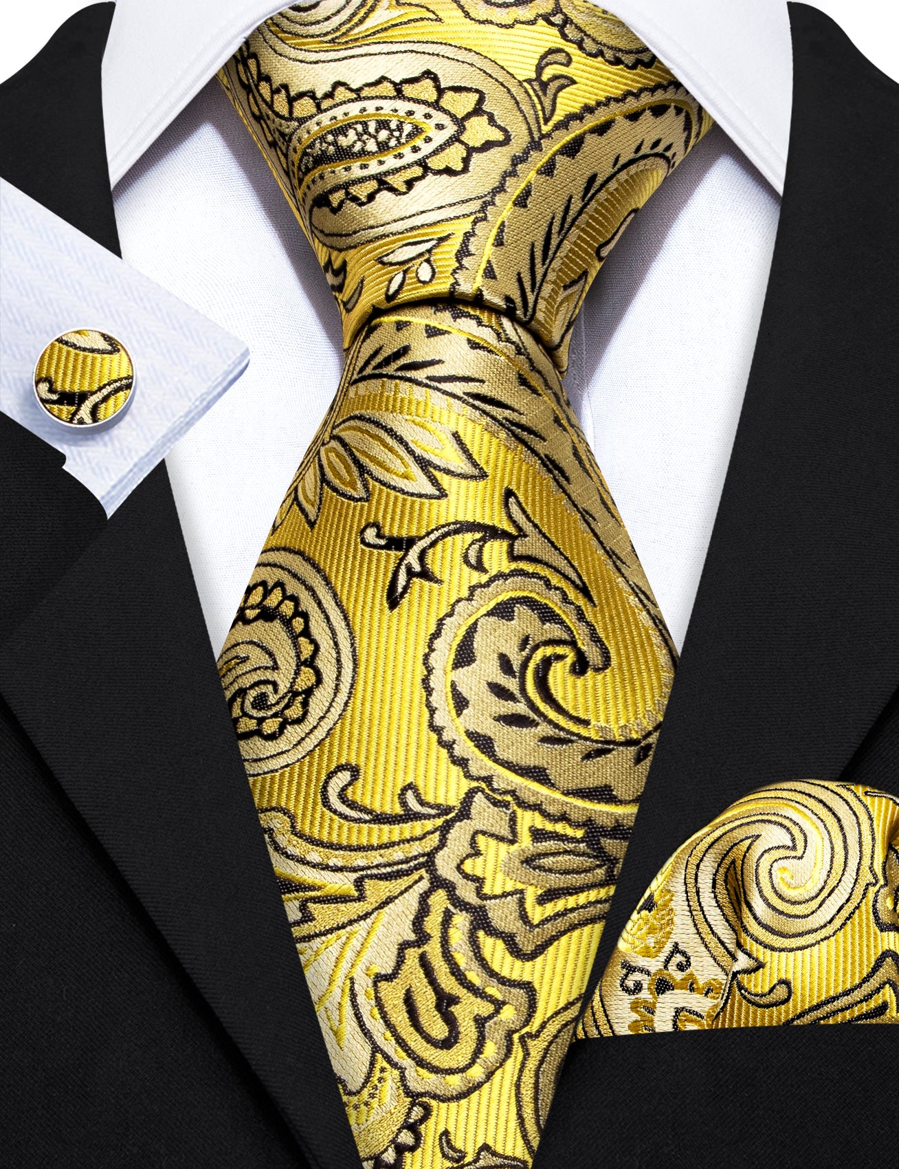 Neck Tie Yellow Black Silk Tie Pocket Square Cufflinks Set