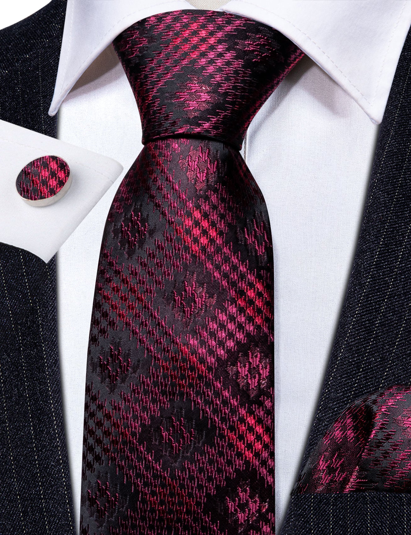 Novetly Black Red Silk Tie Pocket Square Cufflinks Set