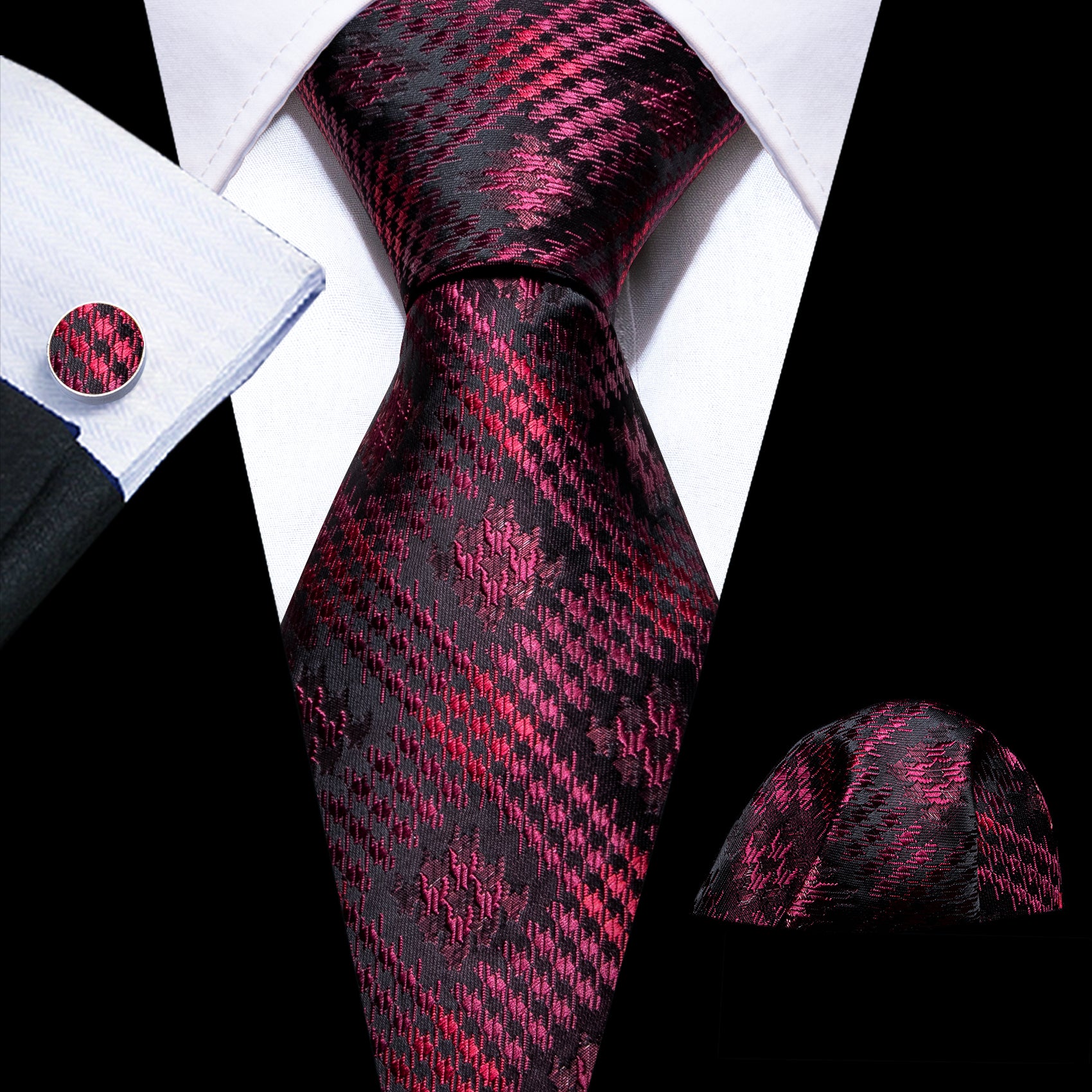 Novetly Black Red Silk Tie Pocket Square Cufflinks Set