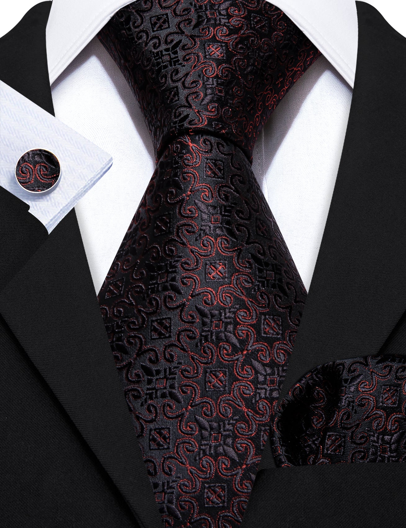 Fashion Black Red Floral Silk Tie Handkerchief Cufflinks Set