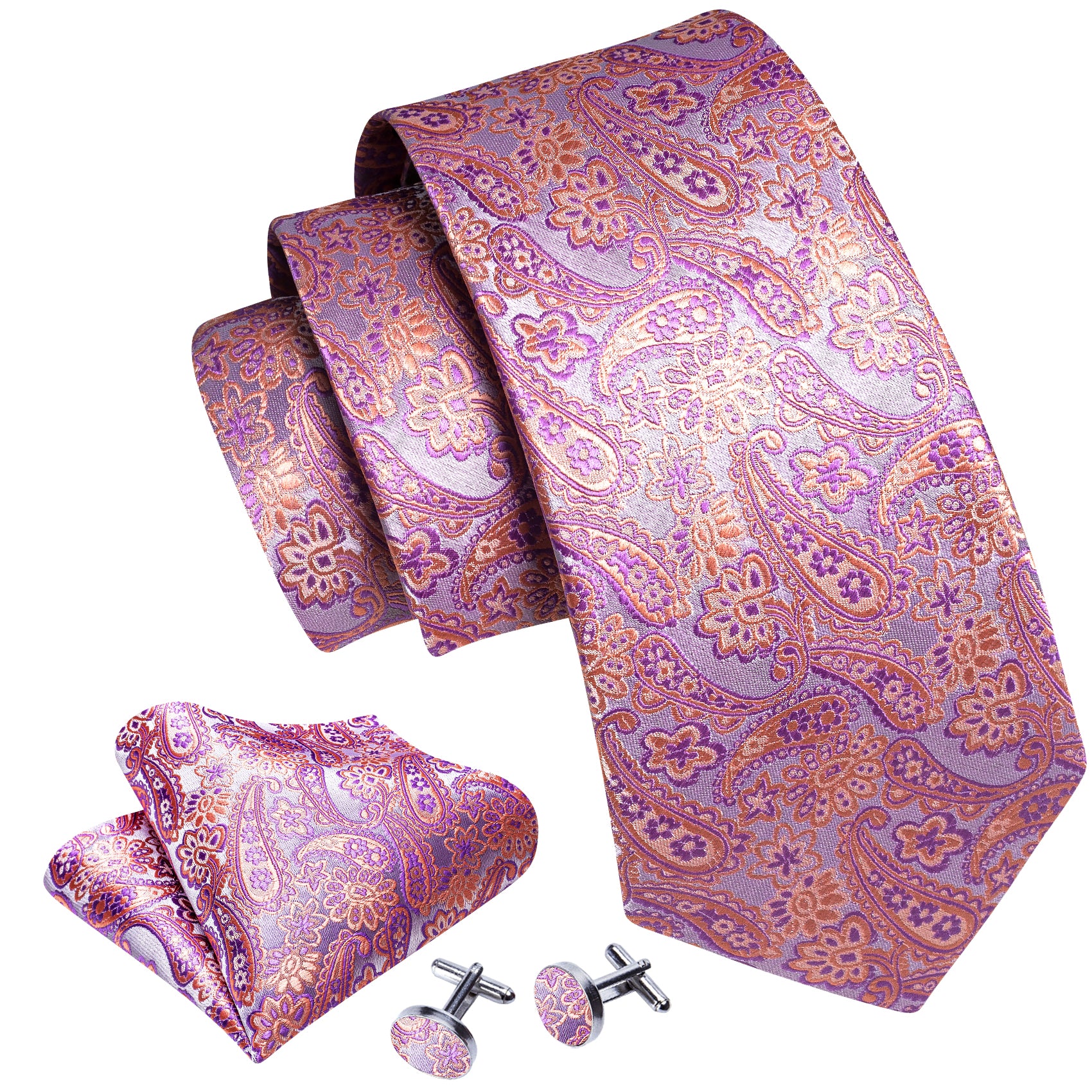 Pink Blue Paisley Silk Tie Handkerchief Cufflinks Set