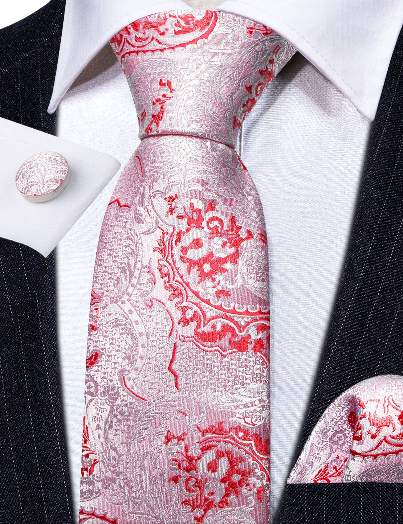 White Pink Paisley Silk Tie Handkerchief Cufflinks Set