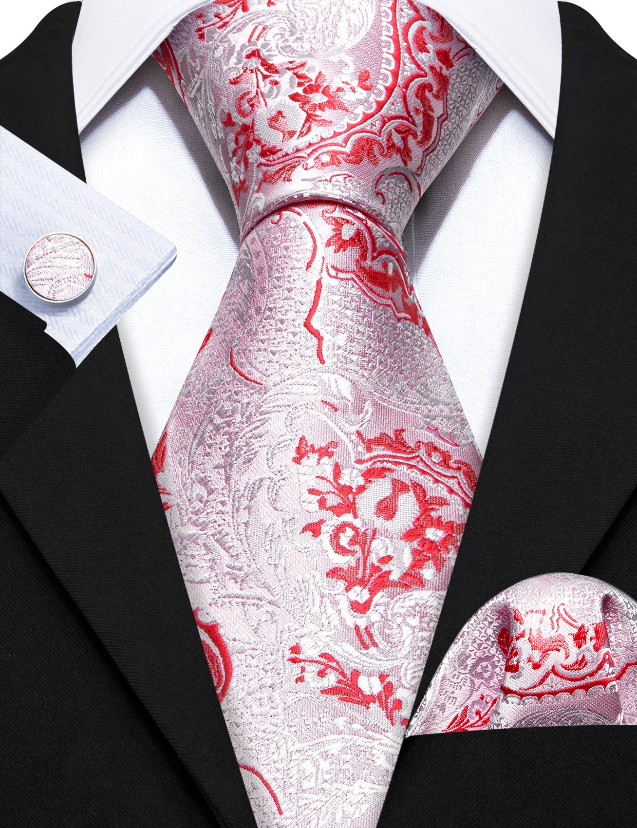 White Pink Paisley Silk Tie Handkerchief Cufflinks Set