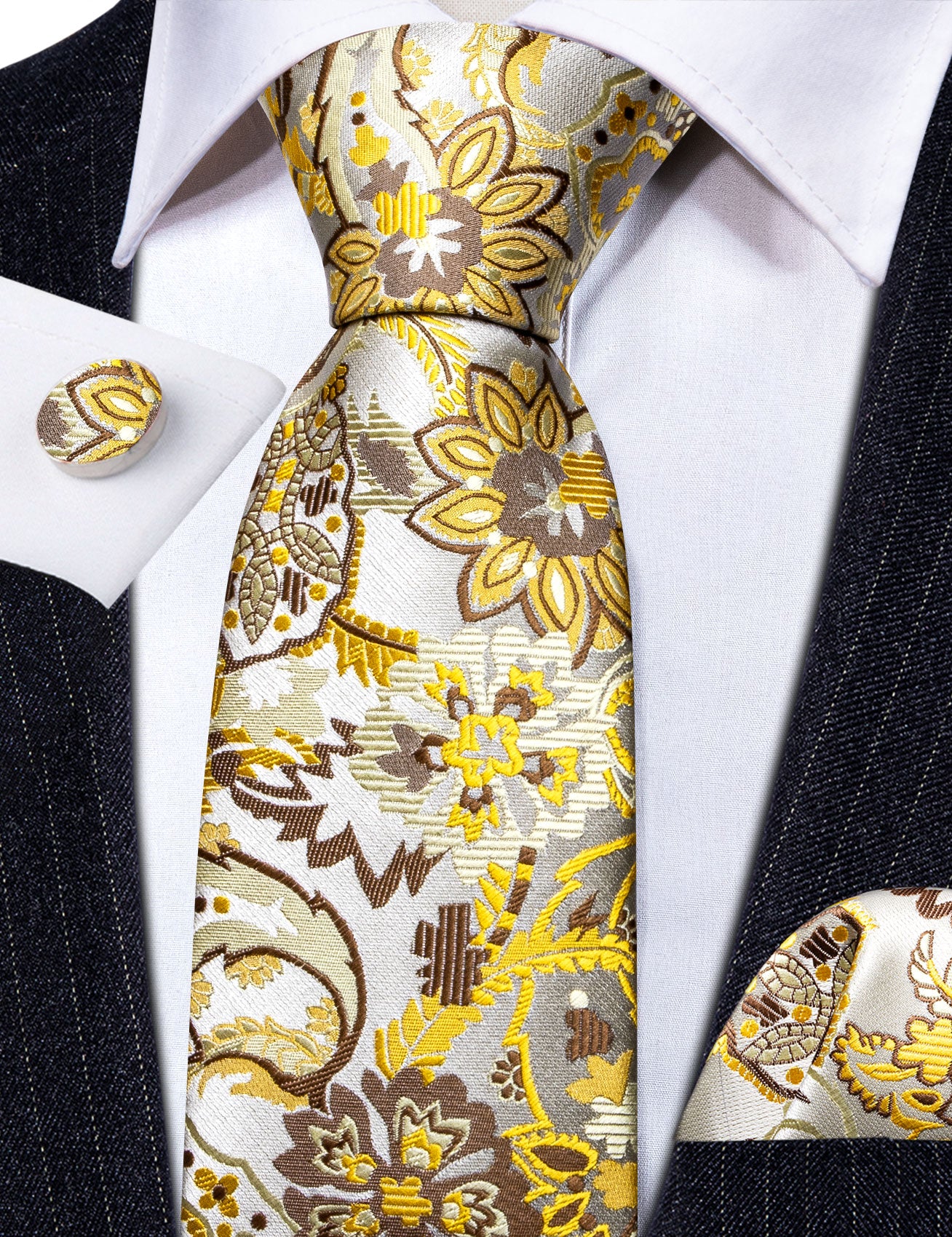 Grey Yellow Paisley Silk Tie Pocket Square Cufflinks Set