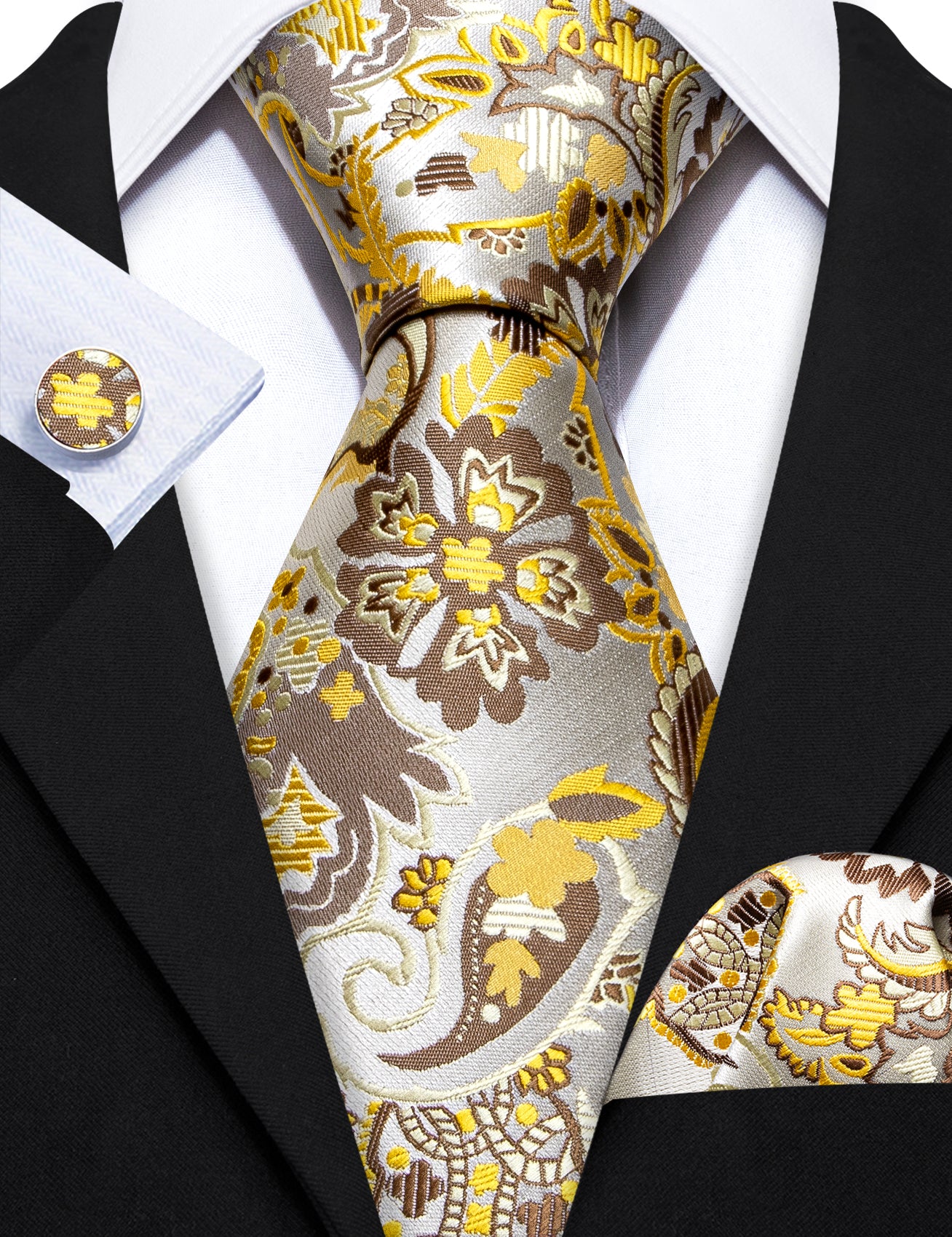 Grey Yellow Paisley Silk Tie Pocket Square Cufflinks Set