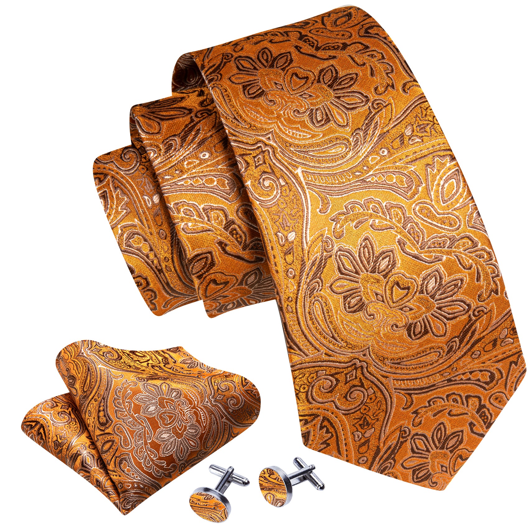 Barry.wang Orange Tie Orange Silver Paisley Silk Men's Tie Handkerchief Cufflinks Set