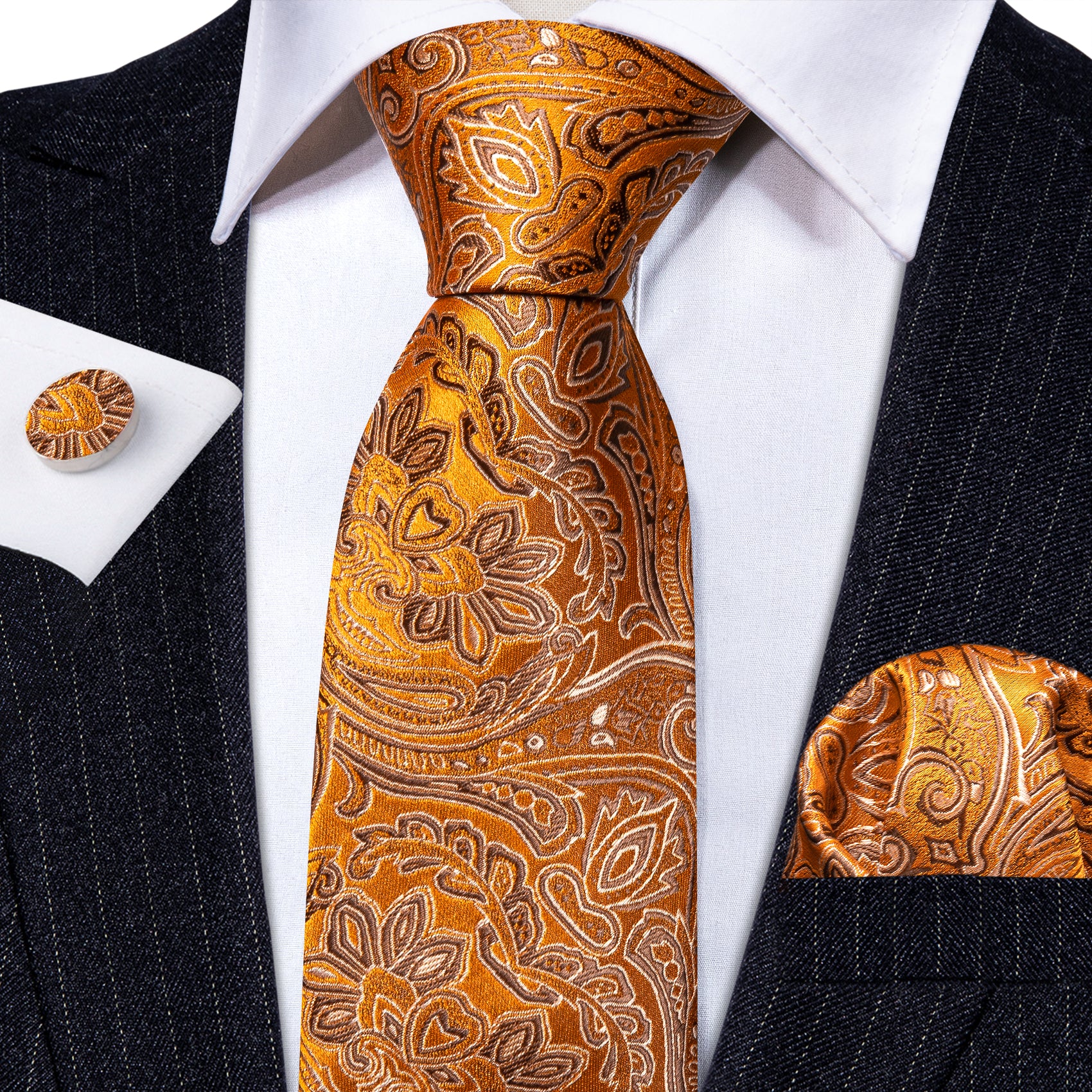 Orange Silver Paisley Silk Tie Handkerchief Cufflinks Set