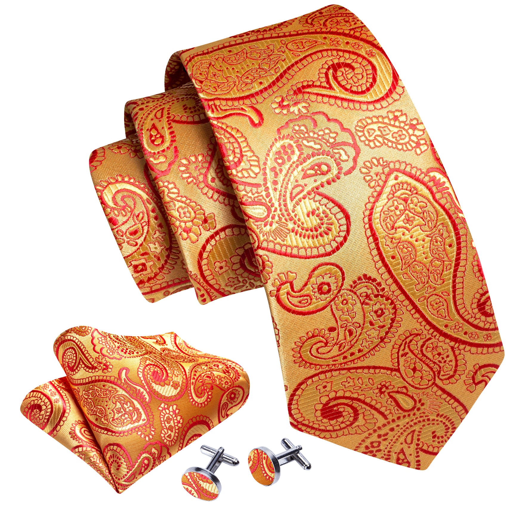 Barry.Wang Floral Tie Red Gold Paisley Silk Men's Tie Hanky Cufflinks Set