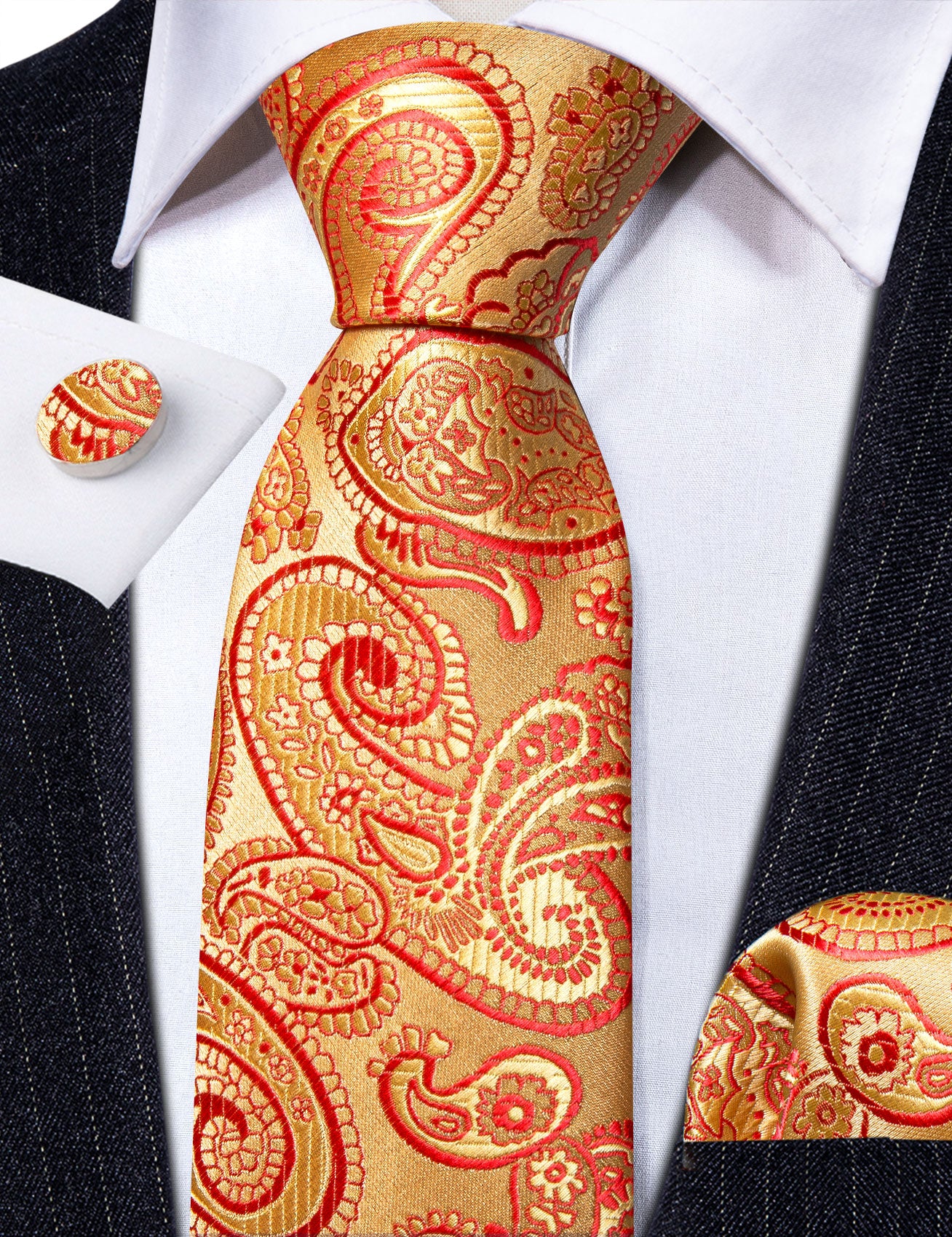 Gold Red Paisley Silk Tie Handkerchief Cufflinks Set