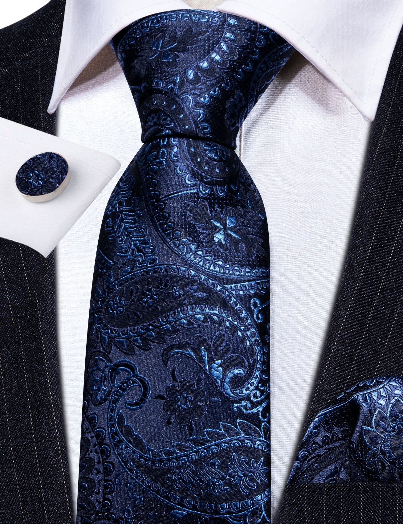 Blue Floral Silk Tie Handkerchief Cufflinks Set