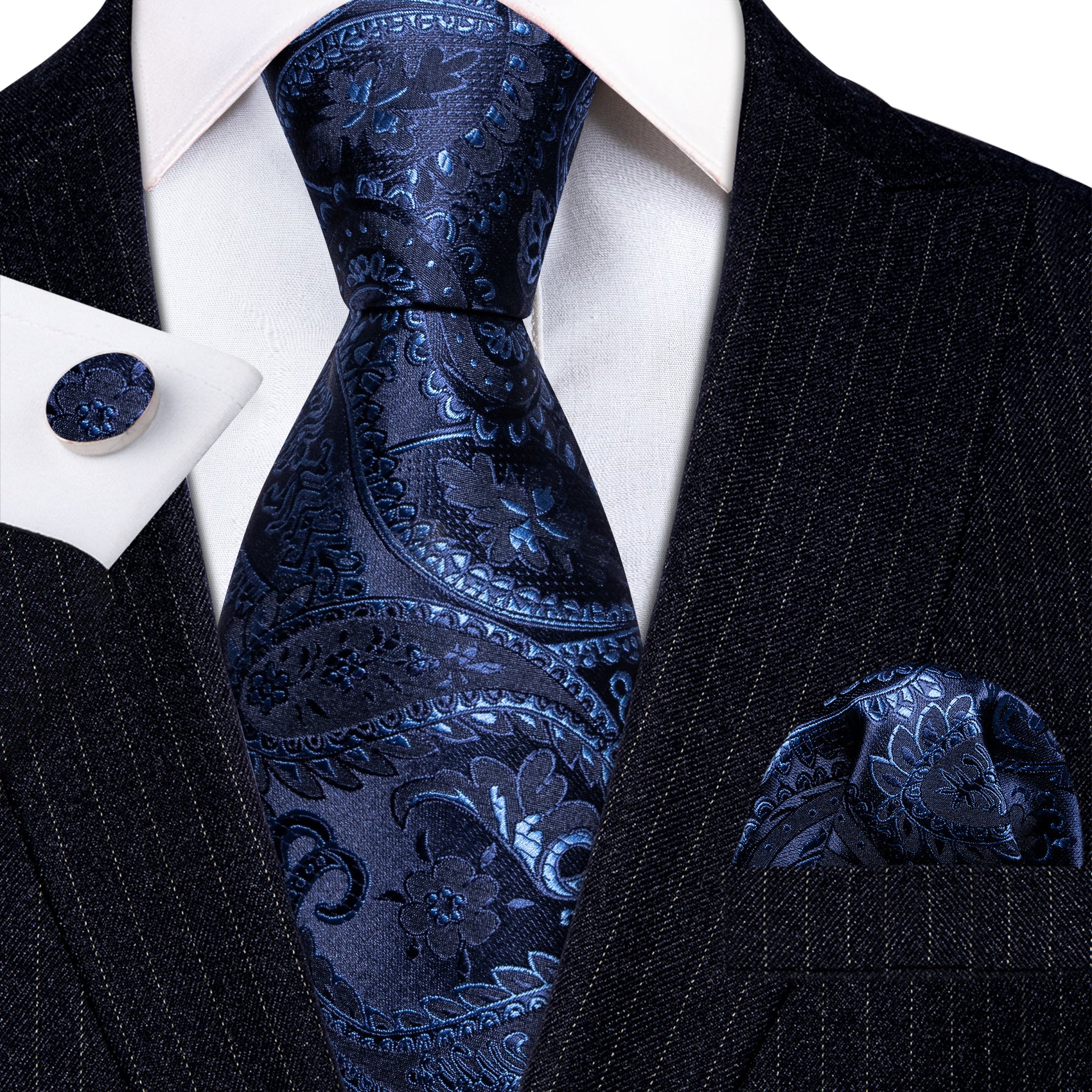 Blue Floral Silk Tie Handkerchief Cufflinks Set
