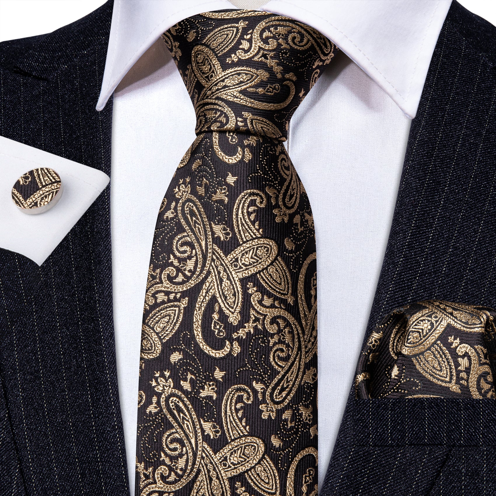 Luxury Black Gold Paisley Silk Tie Handkerchief Cufflinks Set