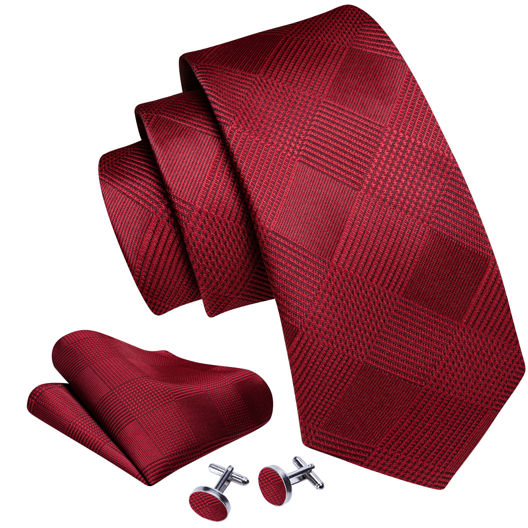 Red Lattice Silk Tie Handkerchief Cufflinks Set