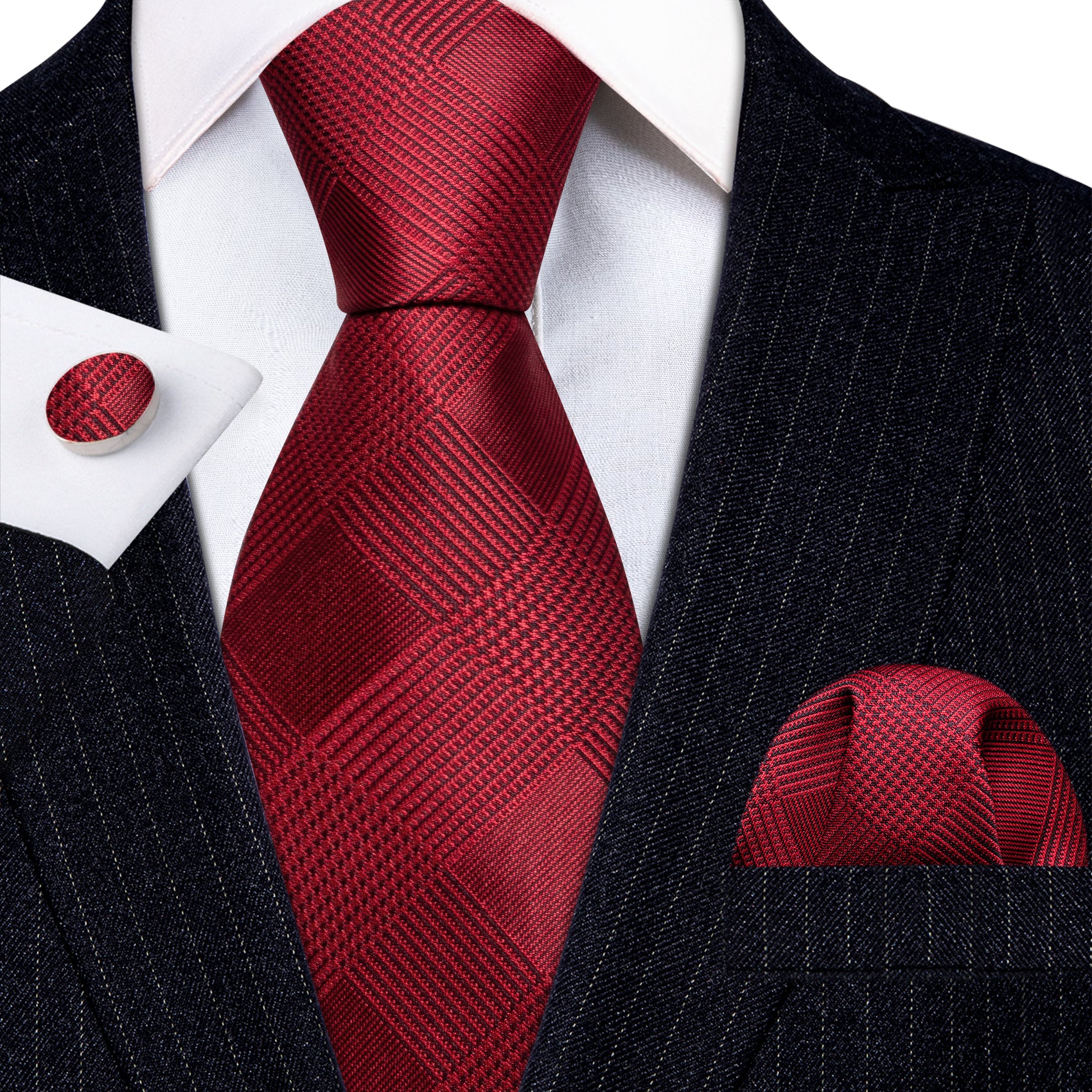Red Lattice Silk Tie Handkerchief Cufflinks Set