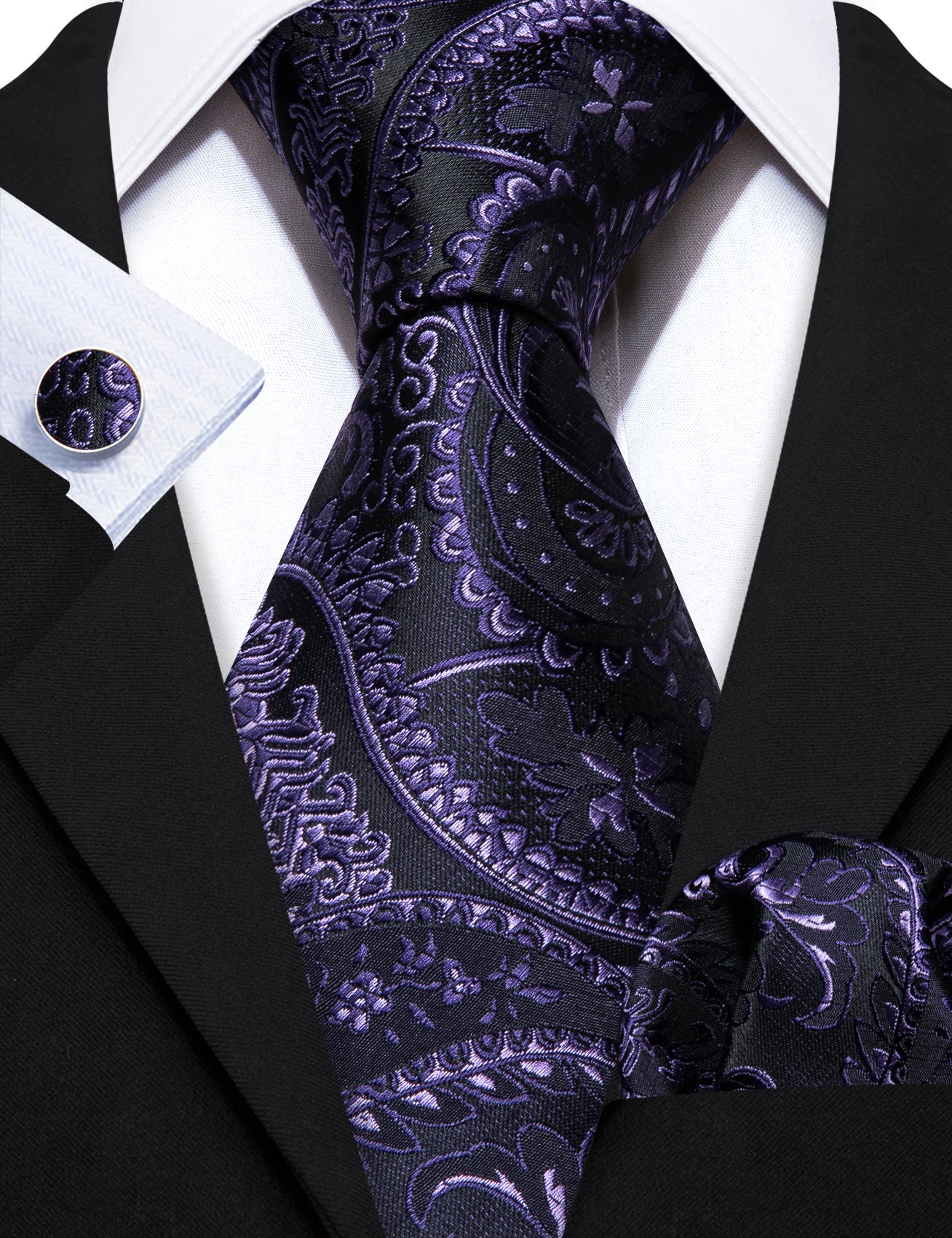 Luxury Black Purple Paisley Silk Tie Handkerchief Cufflinks Set