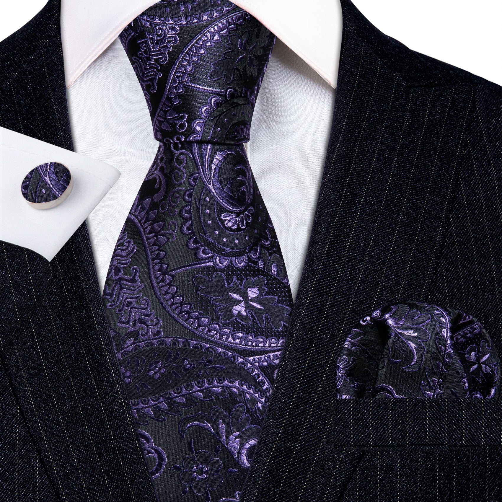 Luxury Black Purple Paisley Silk Tie Handkerchief Cufflinks Set