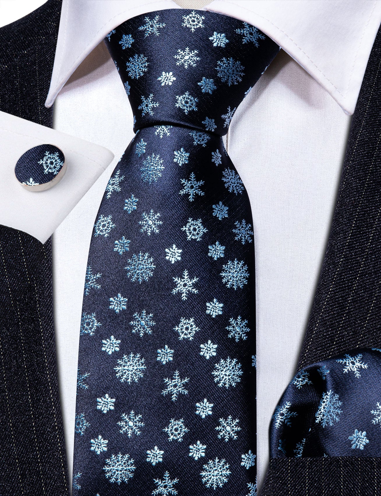 Christmas Blue White Snowflake Silk Tie Handkerchief Cufflinks Set