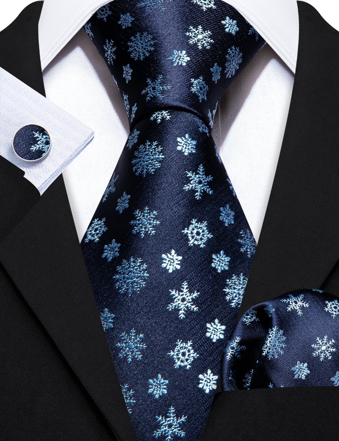 Christmas Blue White Snowflake Silk Tie Handkerchief Cufflinks Set