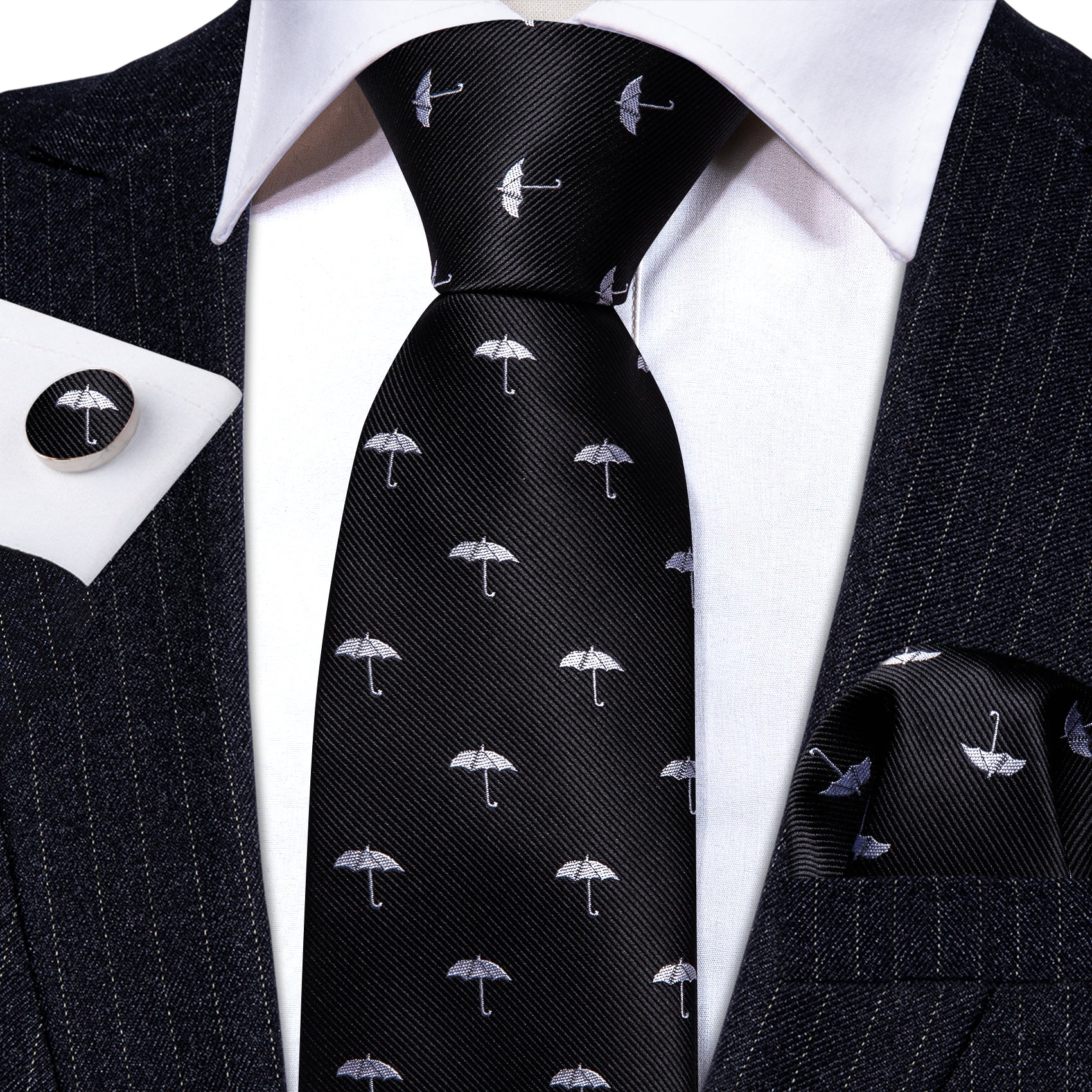 Black White Umbrella Silk Tie Handkerchief Cufflinks Set