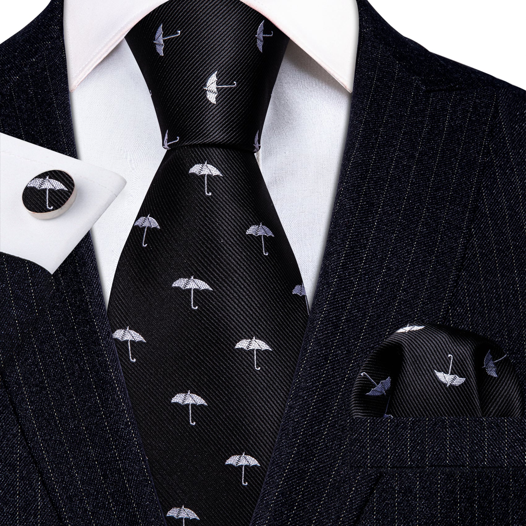 Black White Umbrella Silk Tie Handkerchief Cufflinks Set