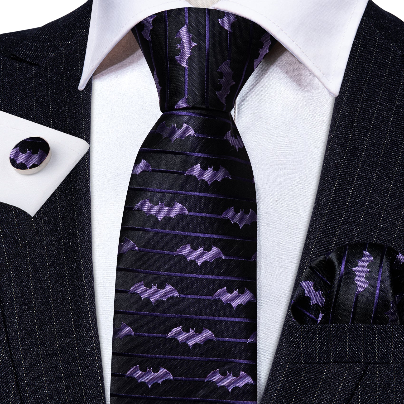 Black Purple Bat Silk Tie Handkerchief Cufflinks Set