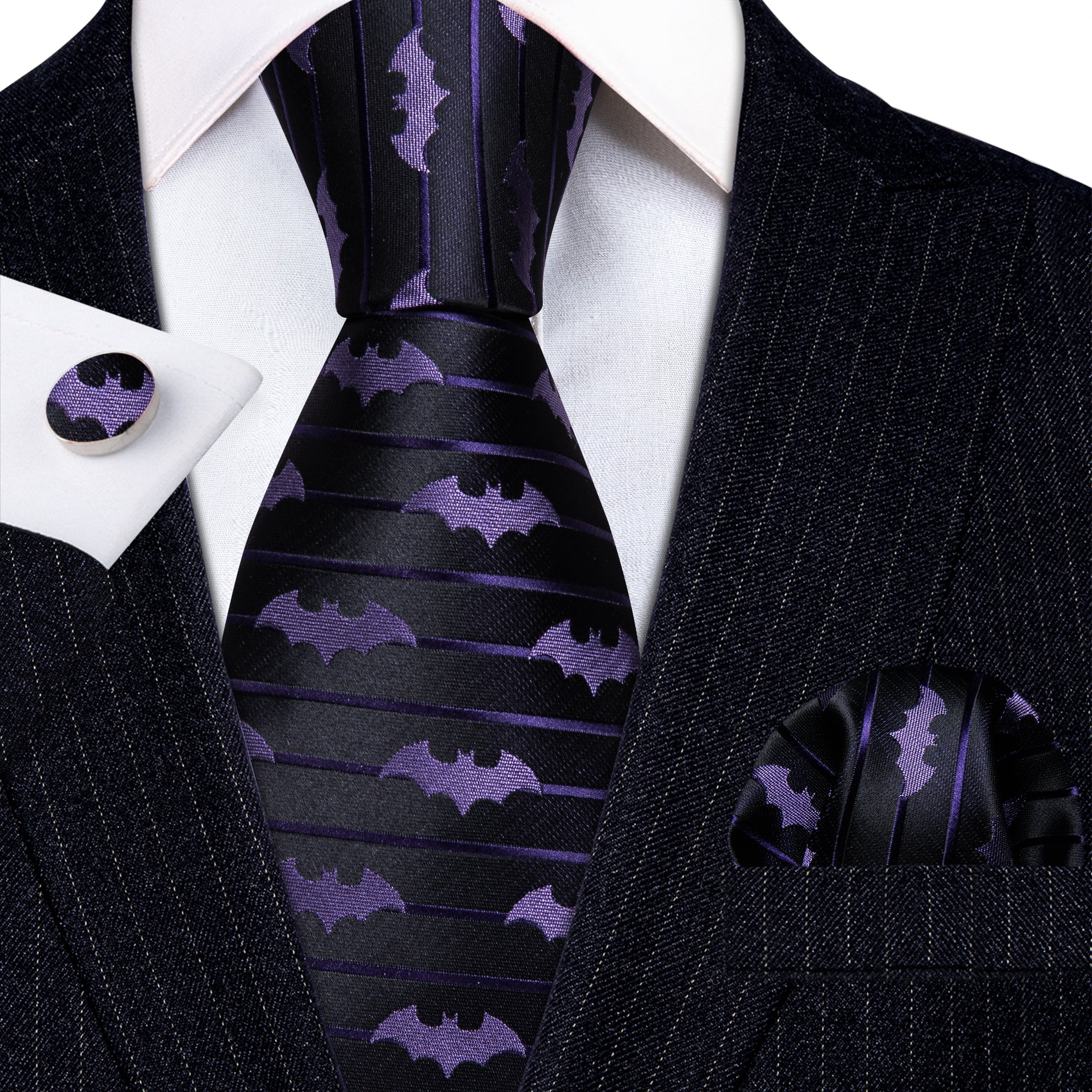 Black Purple Bat Silk Tie Handkerchief Cufflinks Set