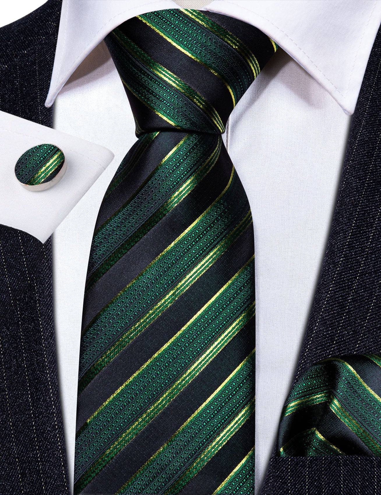 Green Black Striped Silk Tie Handkerchief Cufflinks Set